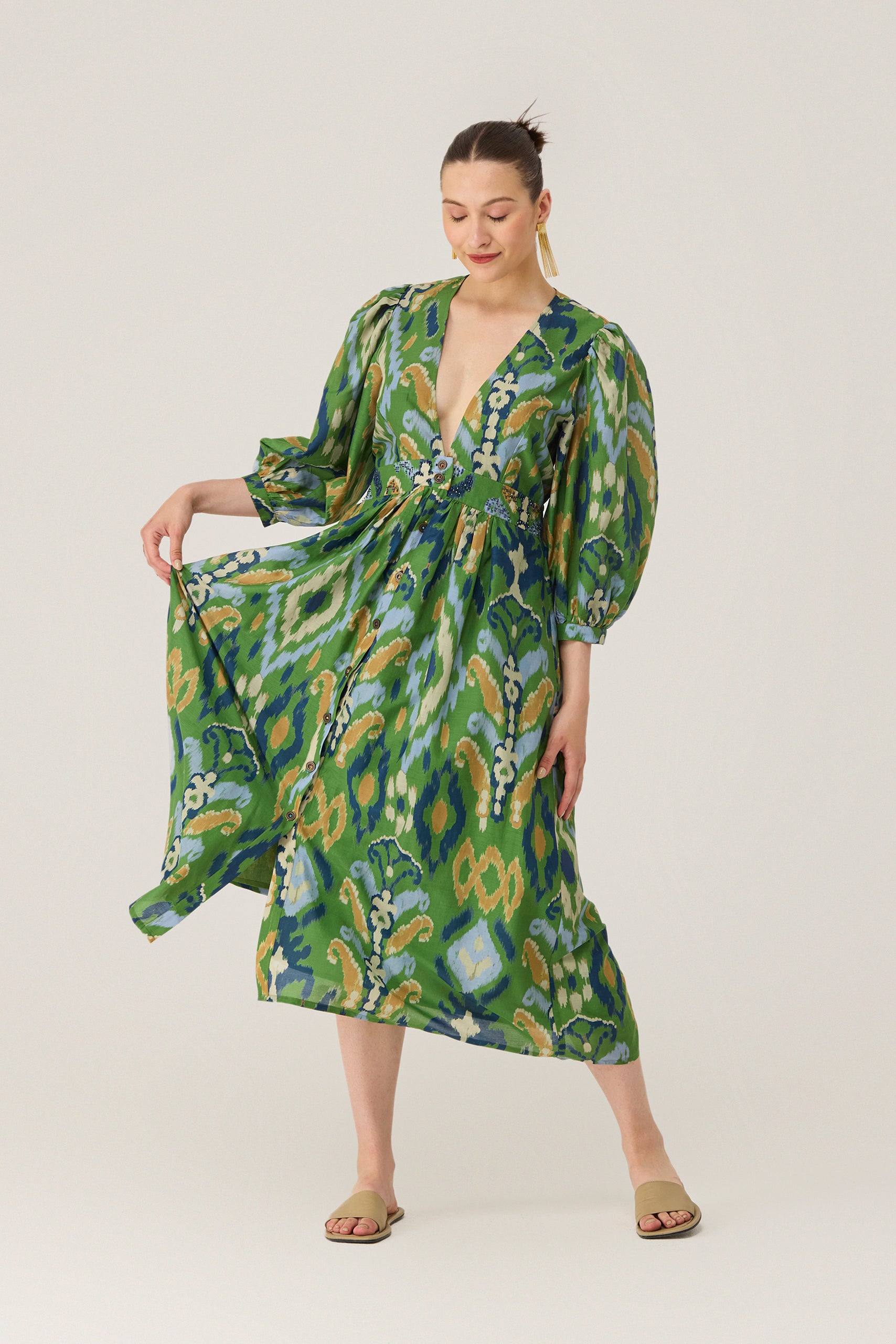 green ikat dress Green Ikat Cotton Midi Dress