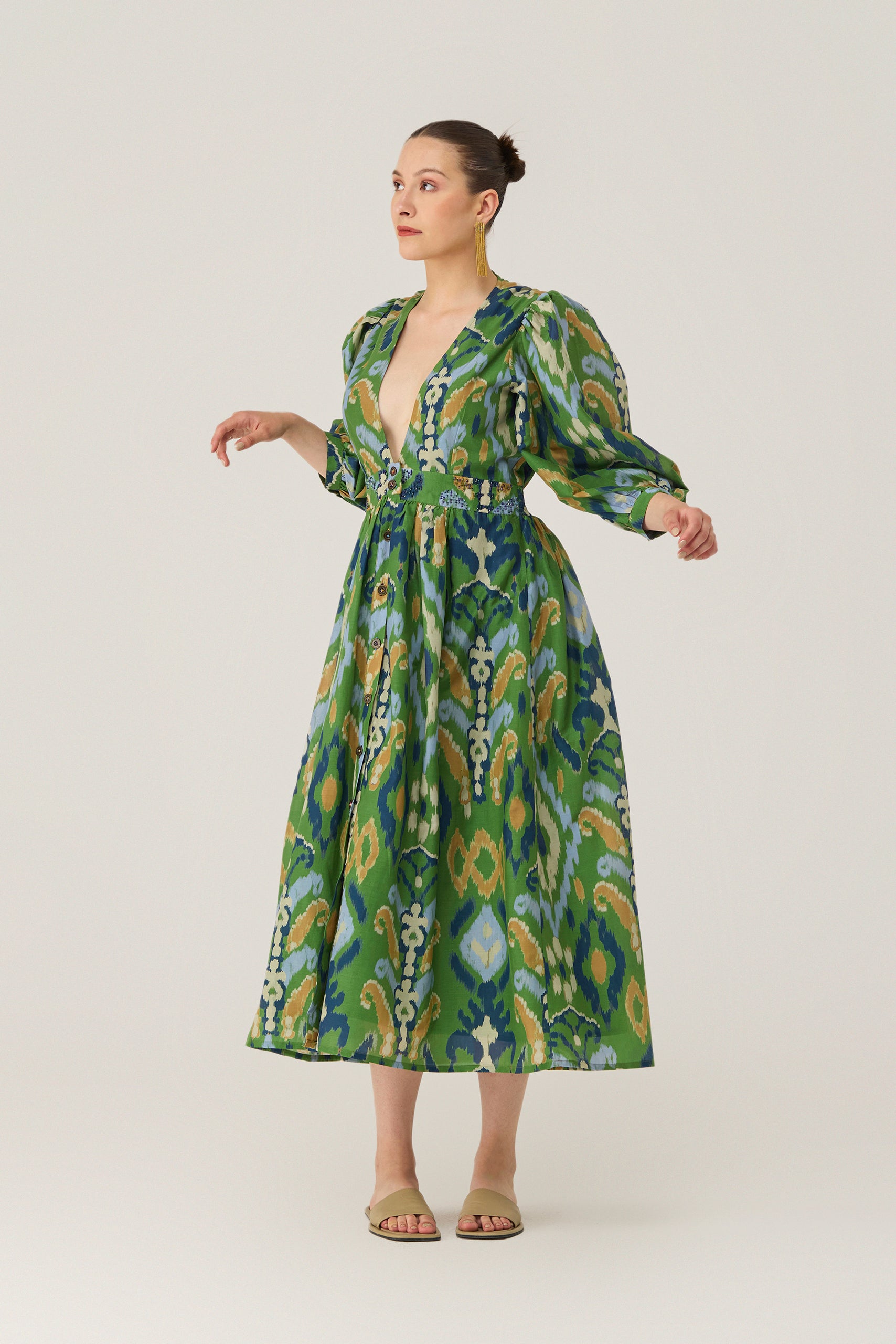 Empire Ikat Embroidered Dress