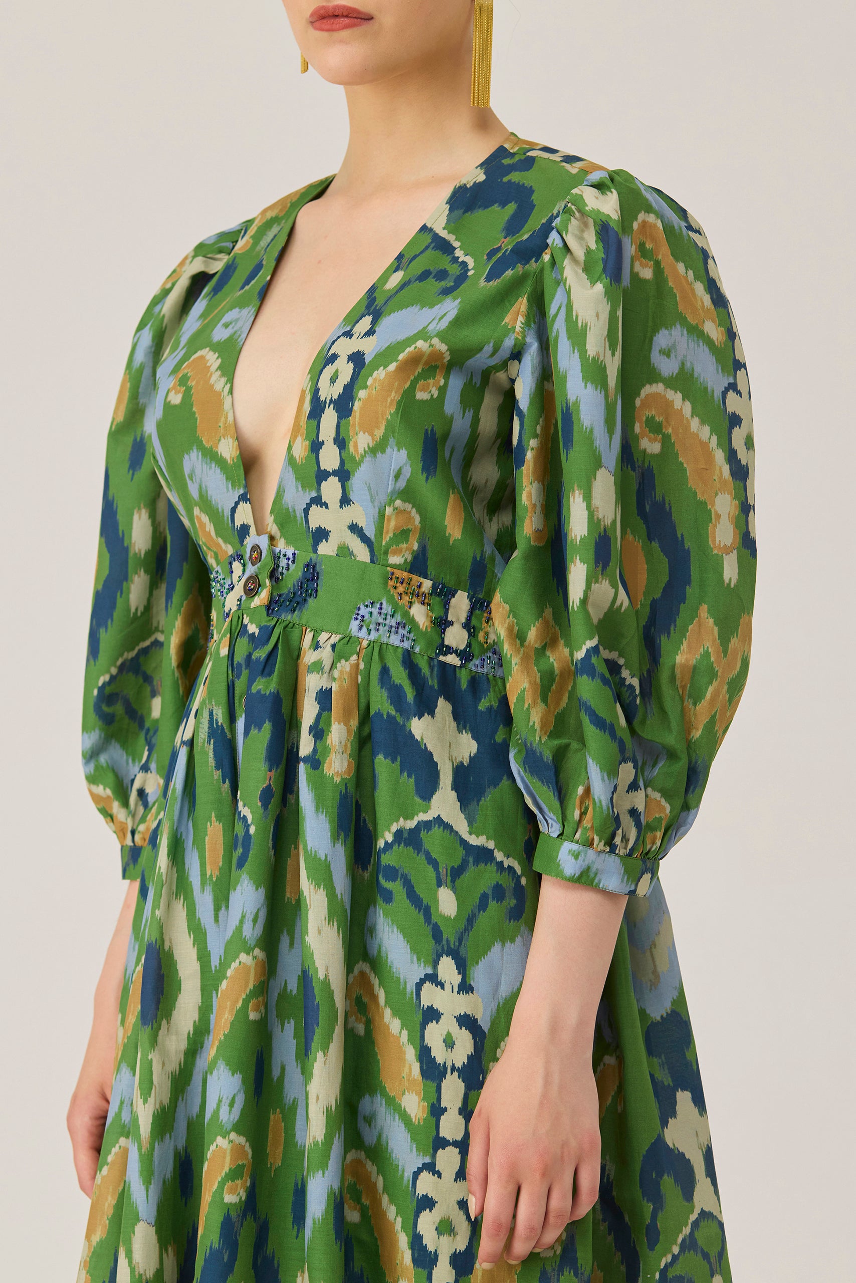 Empire Ikat Embroidered Dress