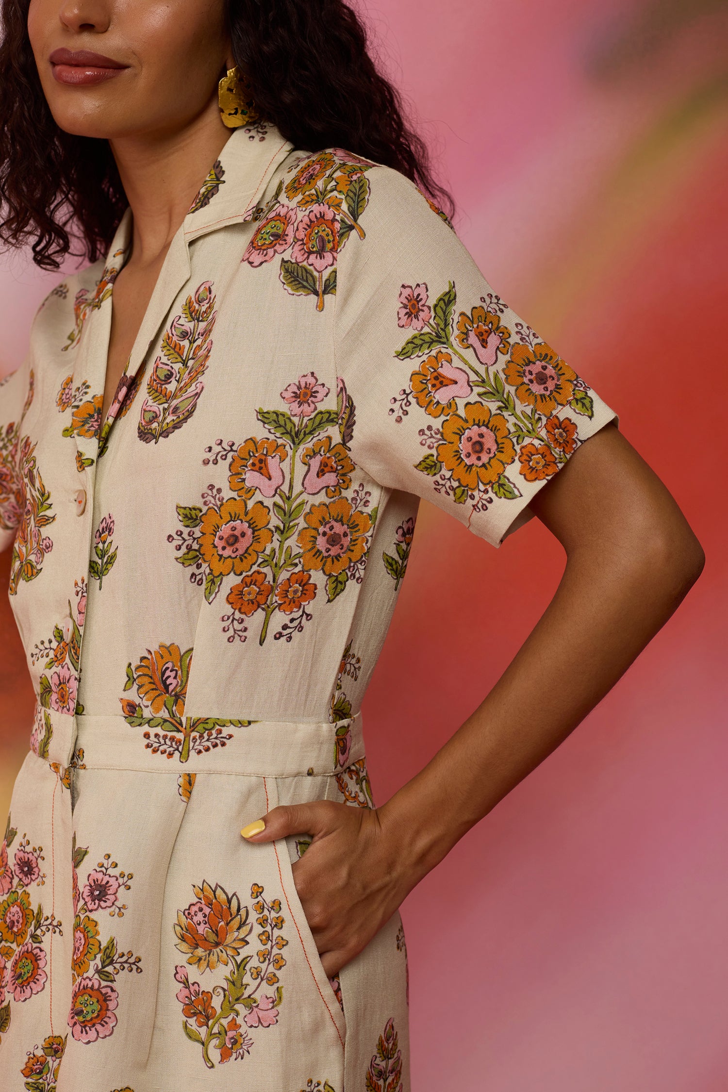 Beige Botanical Bliss Linen Romper