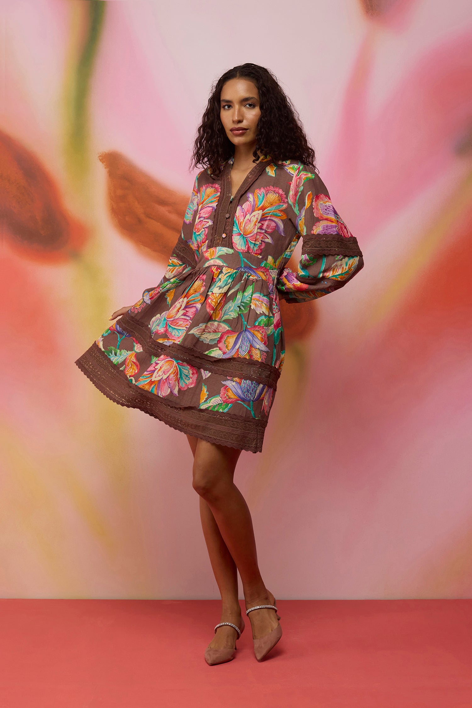 Cocoa Chintz Mini Dress with Lace