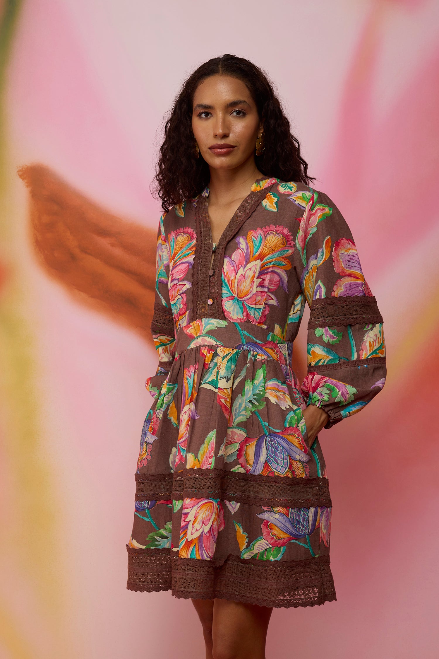 Cocoa Chintz Mini Dress with Lace