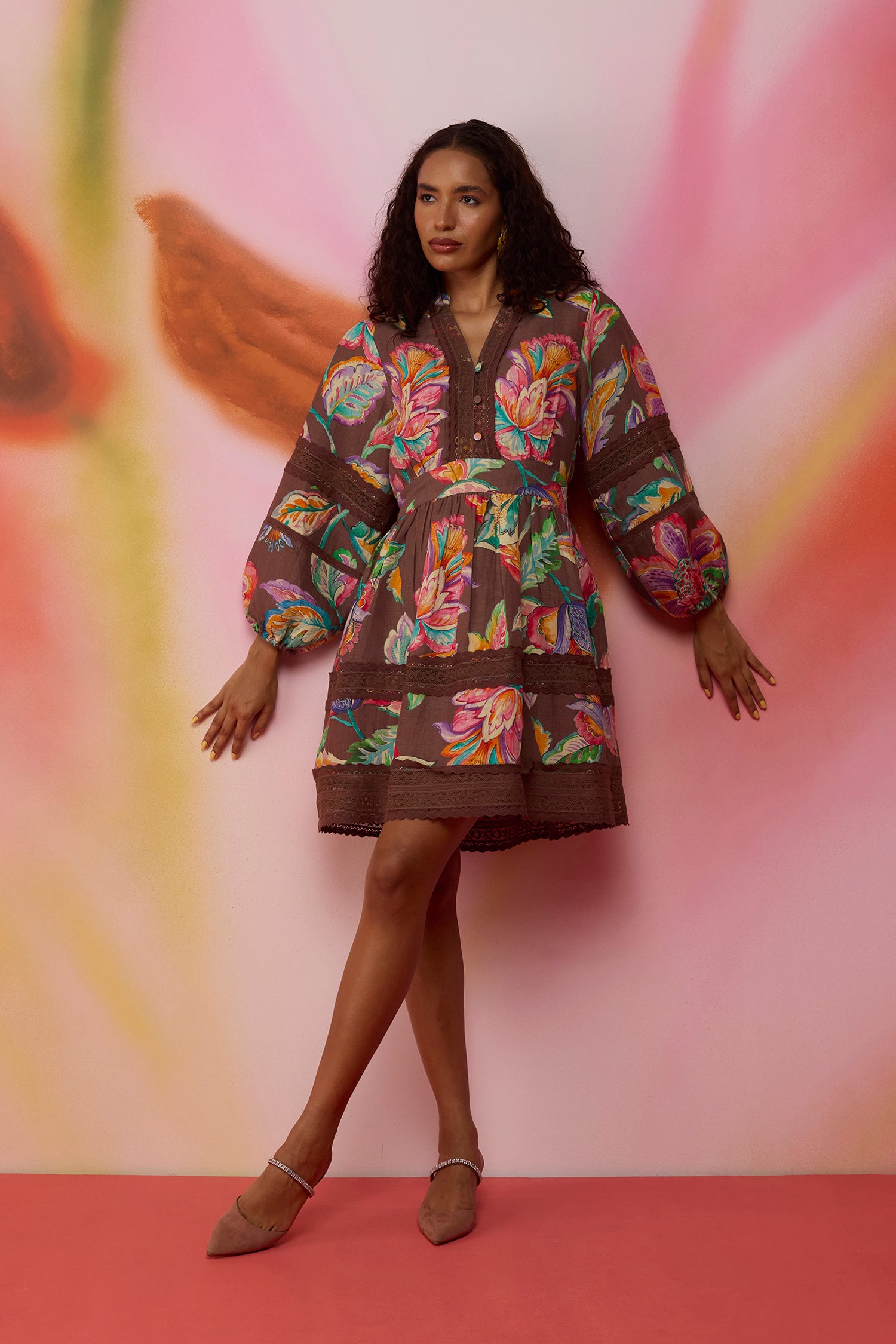 Cocoa Chintz Mini Dress with Lace