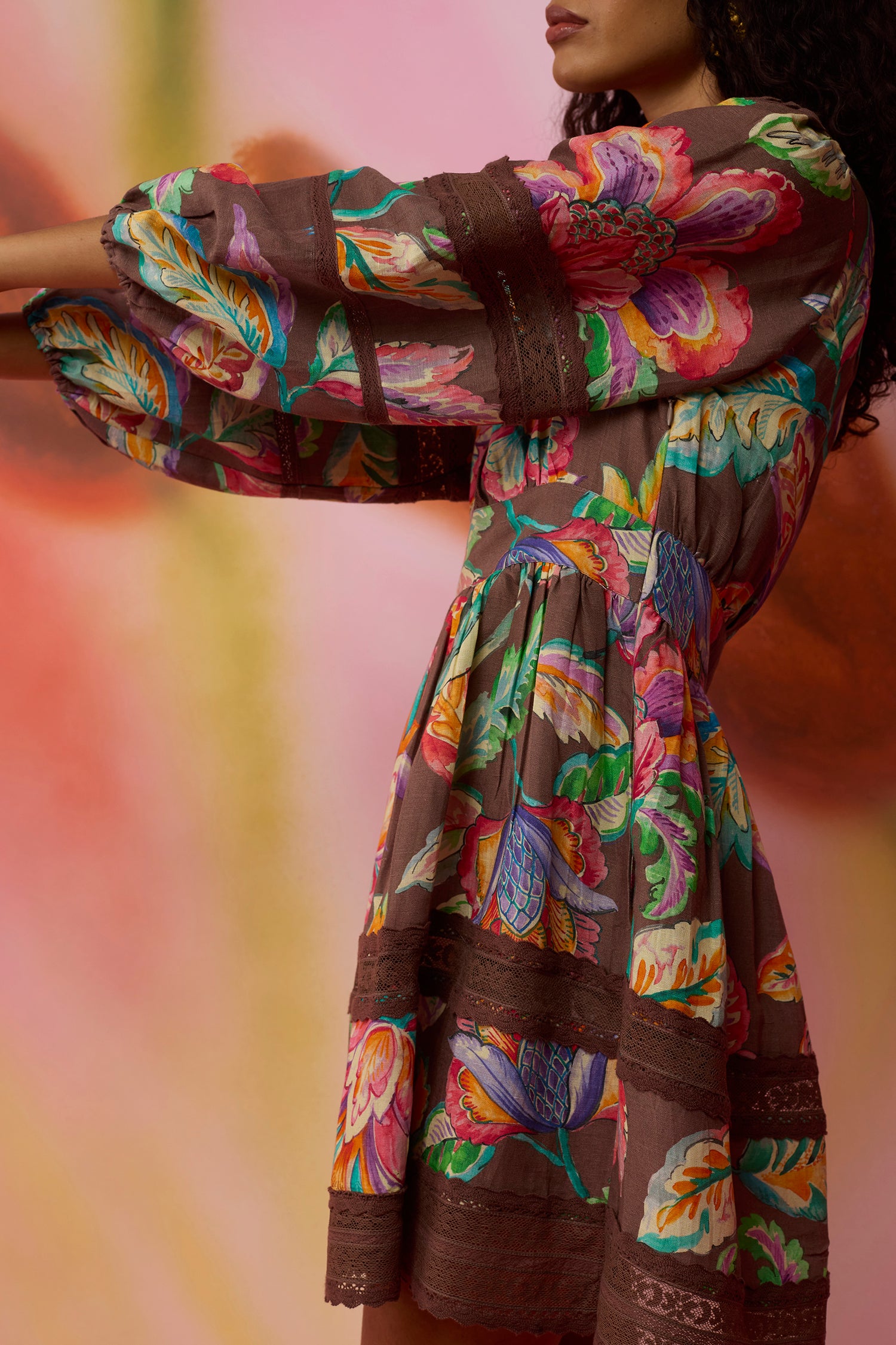 Cocoa Chintz Mini Dress with Lace