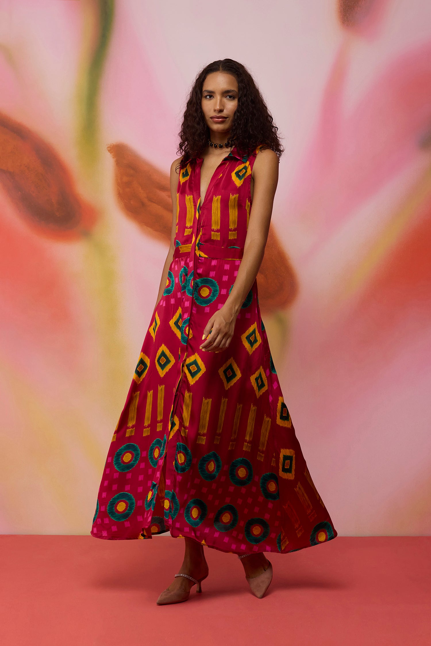 Crimson Circle Sleeveless Ikat Shirt Dress