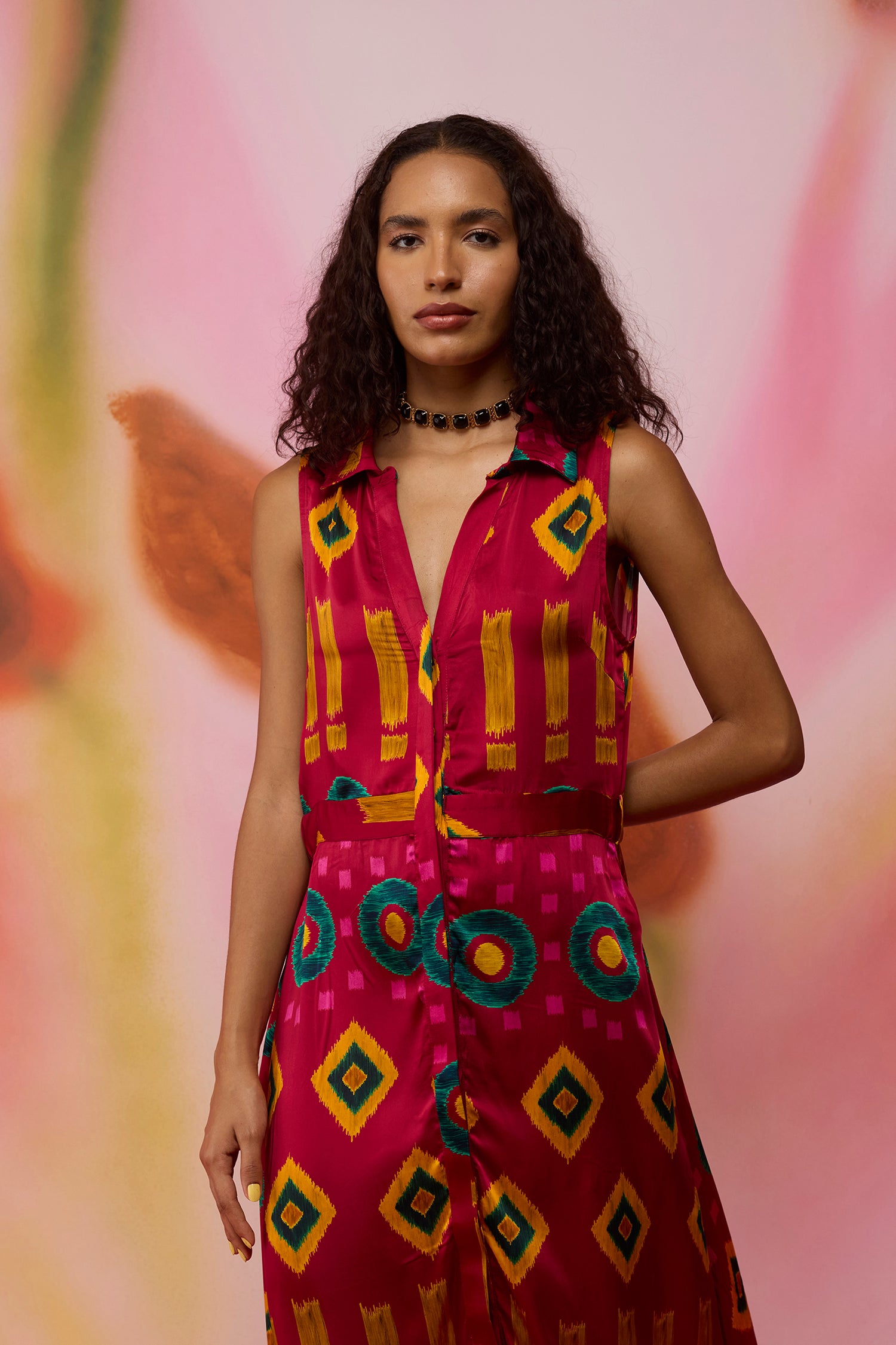 Crimson Circle Sleeveless Ikat Shirt Dress