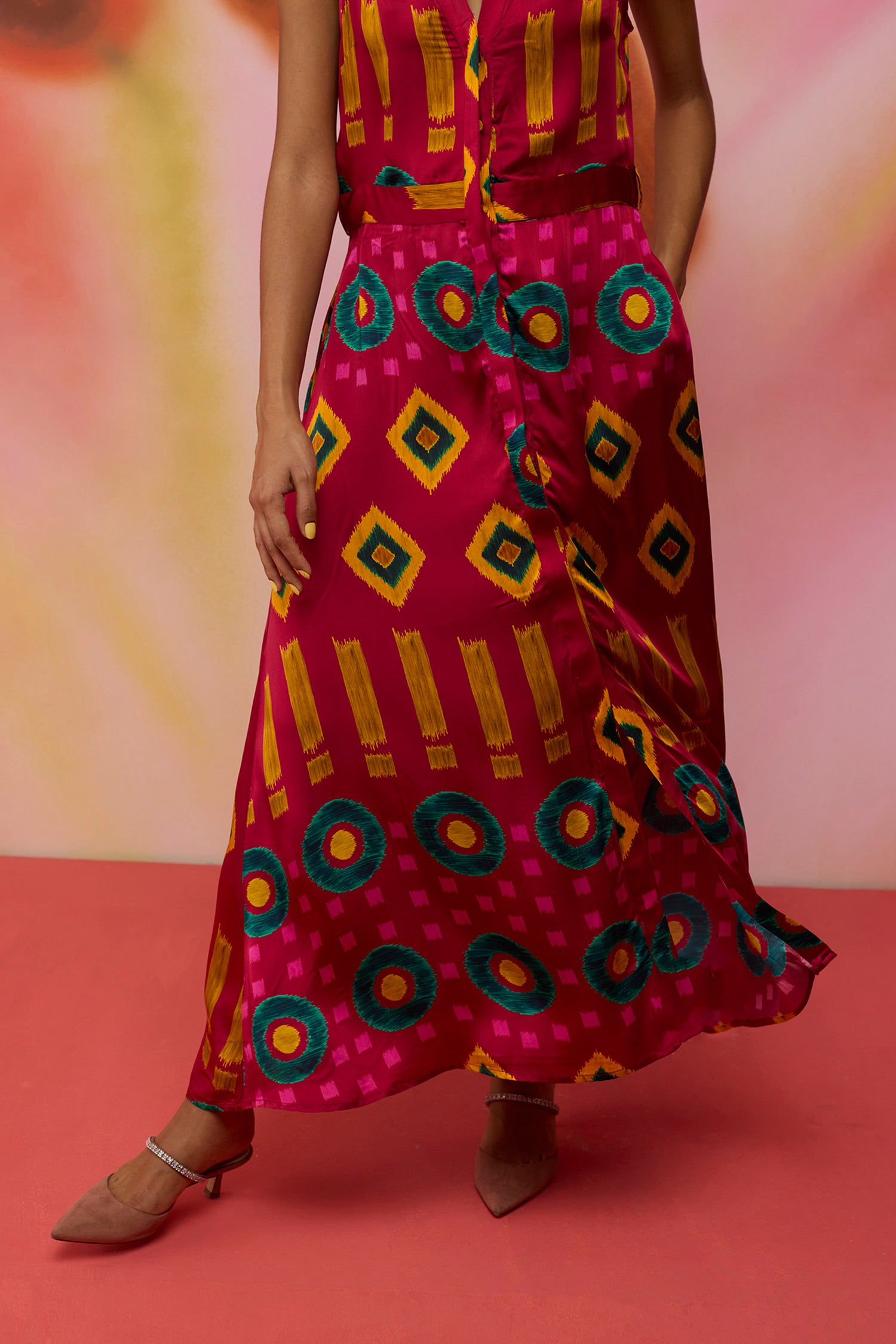 Crimson Circle Sleeveless Ikat Shirt Dress