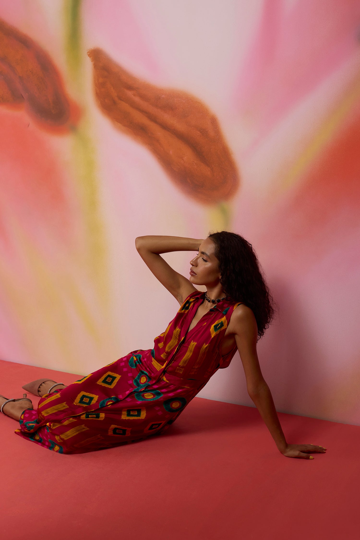 Crimson Circle Sleeveless Ikat Shirt Dress