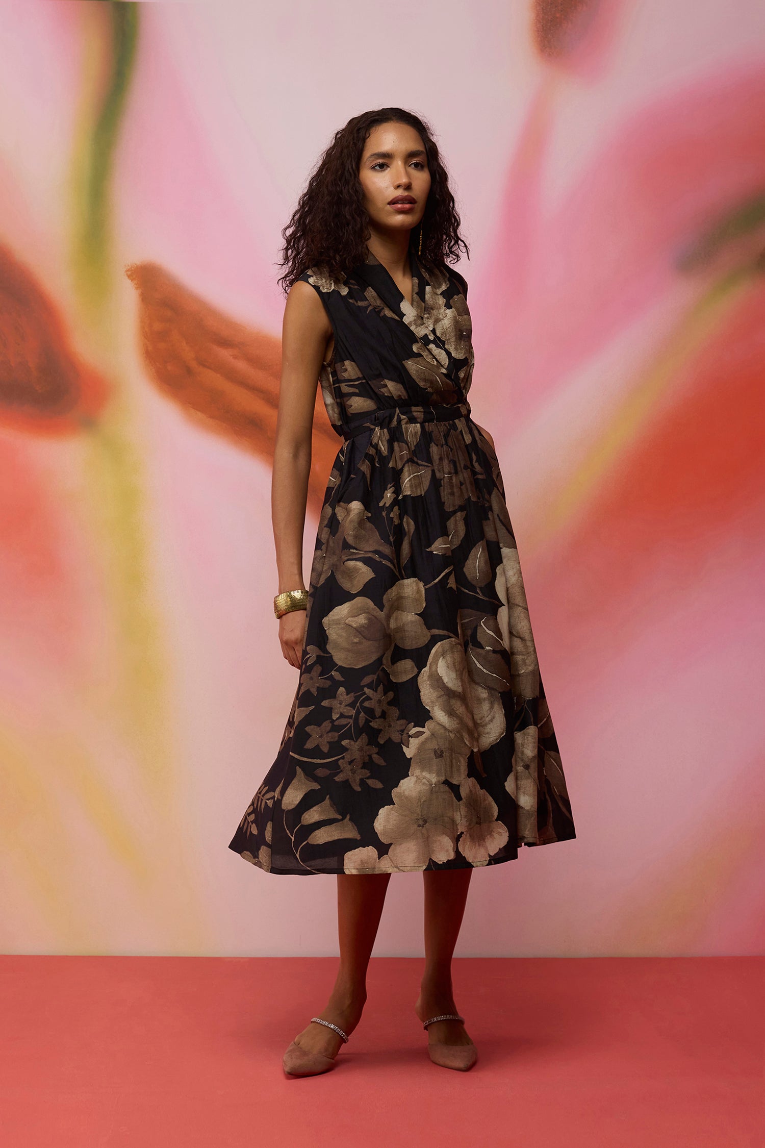 Sepia Blossom Midi Wrap Dress