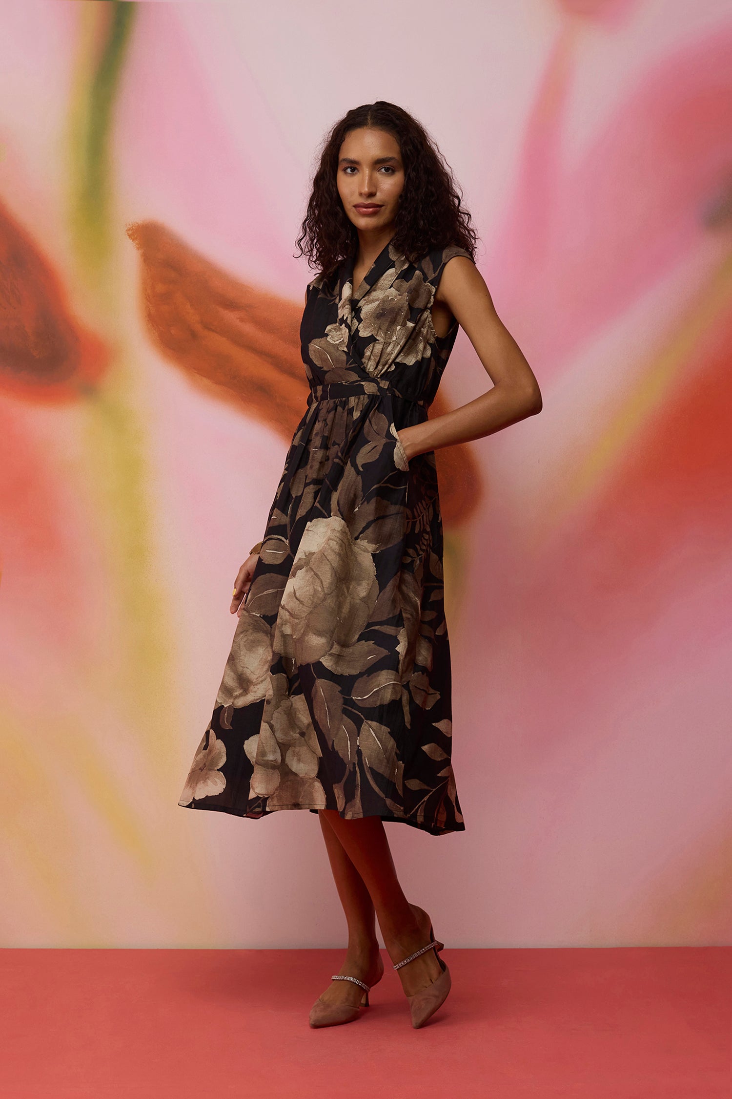 Sepia Blossom Midi Wrap Dress