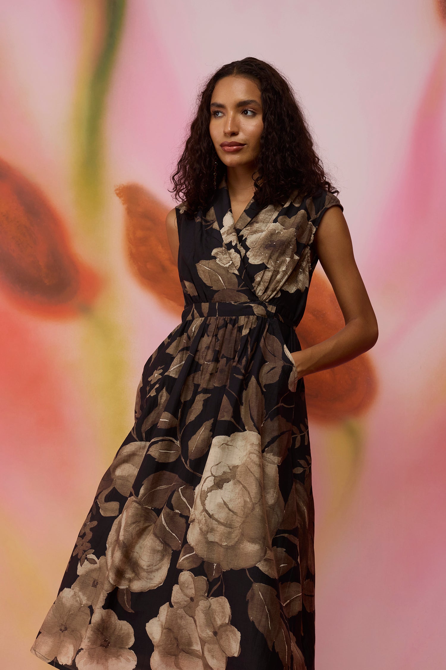 Sepia Blossom Midi Wrap Dress