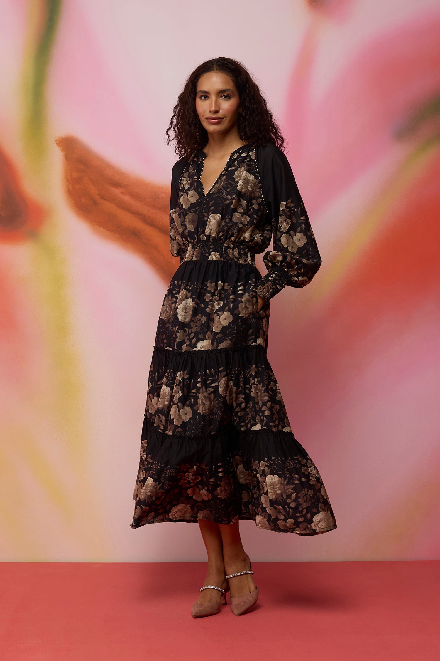 Sepia Blossom Hand-Embroidered Maxi Dress