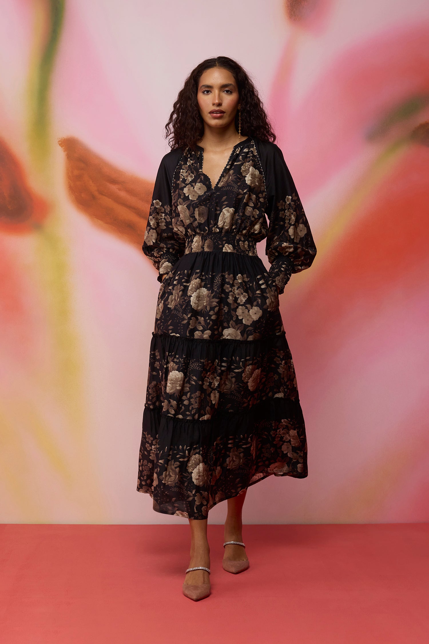 Sepia Blossom Hand-Embroidered Maxi Dress