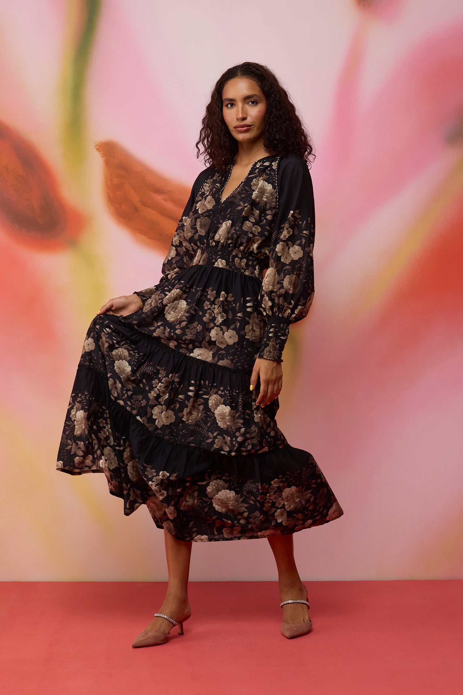 Sepia Blossom Hand-Embroidered Maxi Dress