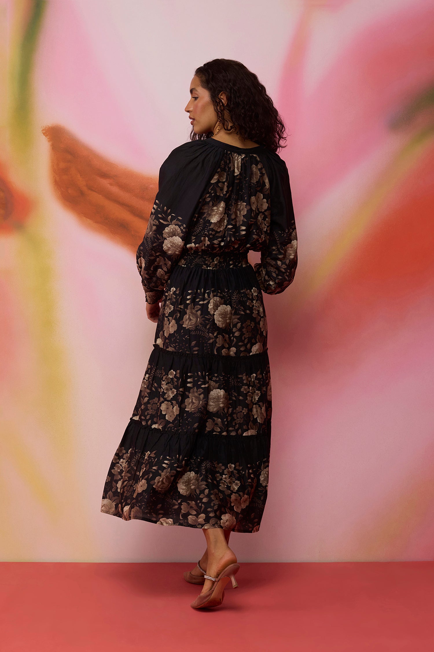 Sepia Blossom Hand-Embroidered Maxi Dress