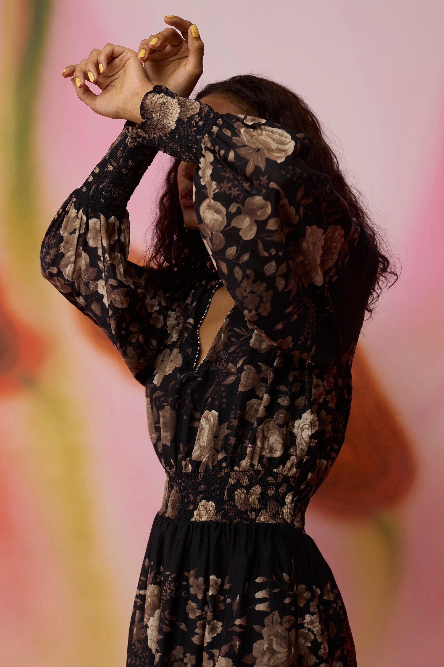 Sepia Blossom Hand-Embroidered Maxi Dress