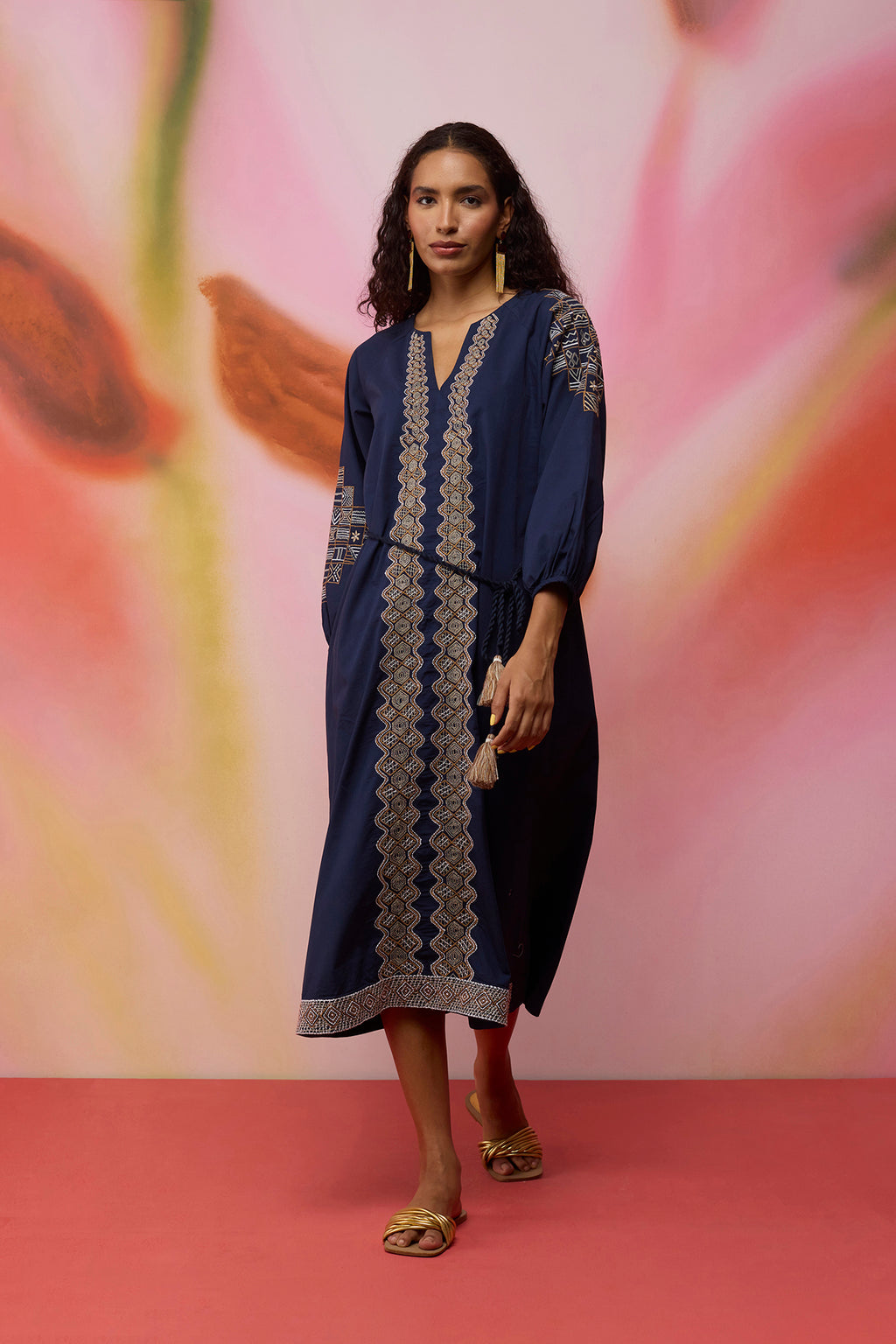 Geometric Ikat Embroidered Midi Dress - Navy