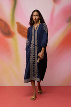 Geometric Ikat Embroidered Midi Dress - Navy