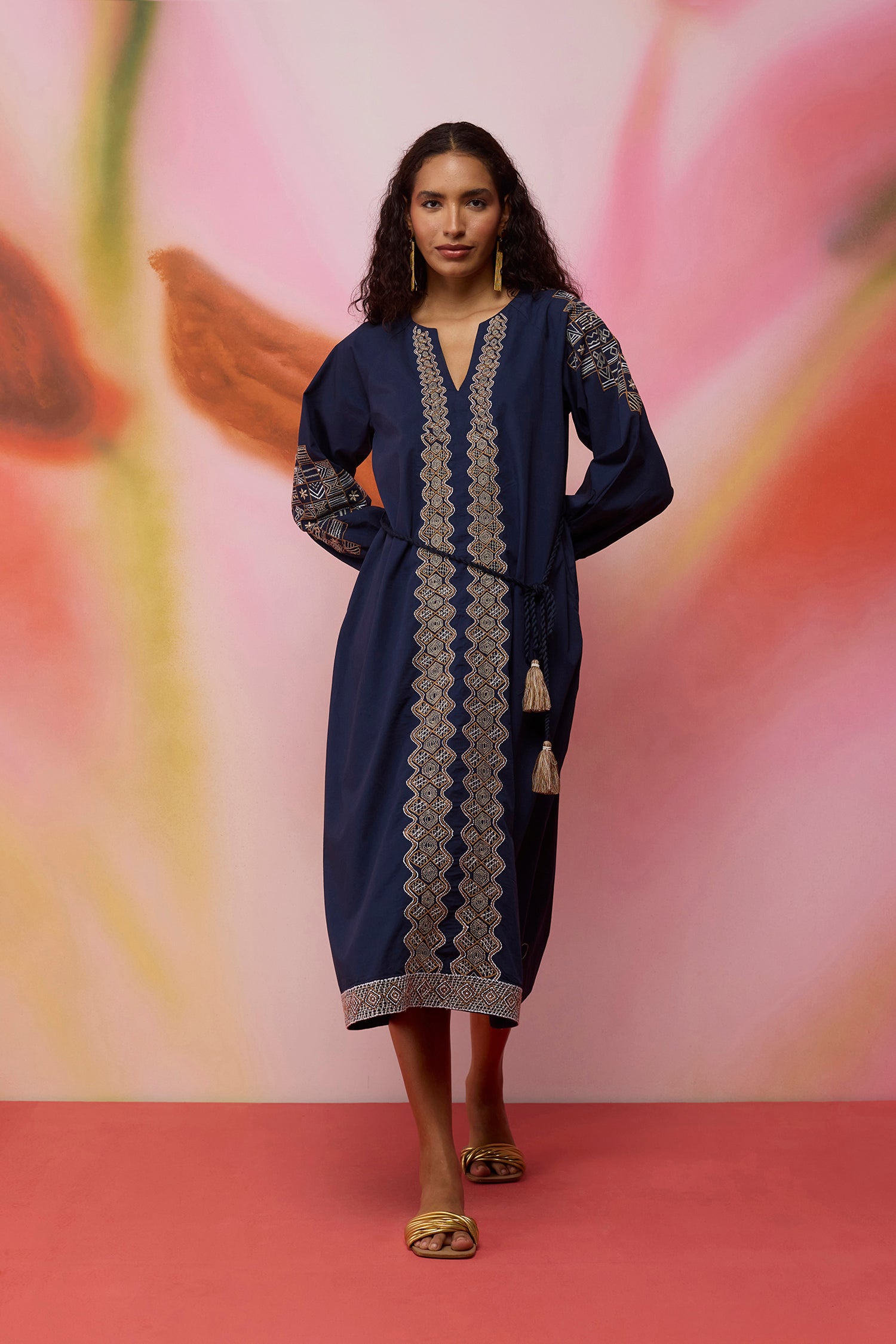 Geometric Ikat Embroidered Midi Dress - Navy