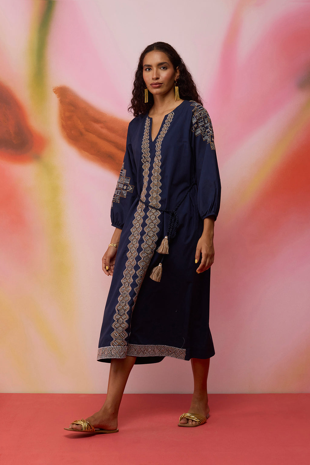 Geometric Ikat Embroidered Midi Dress - Navy