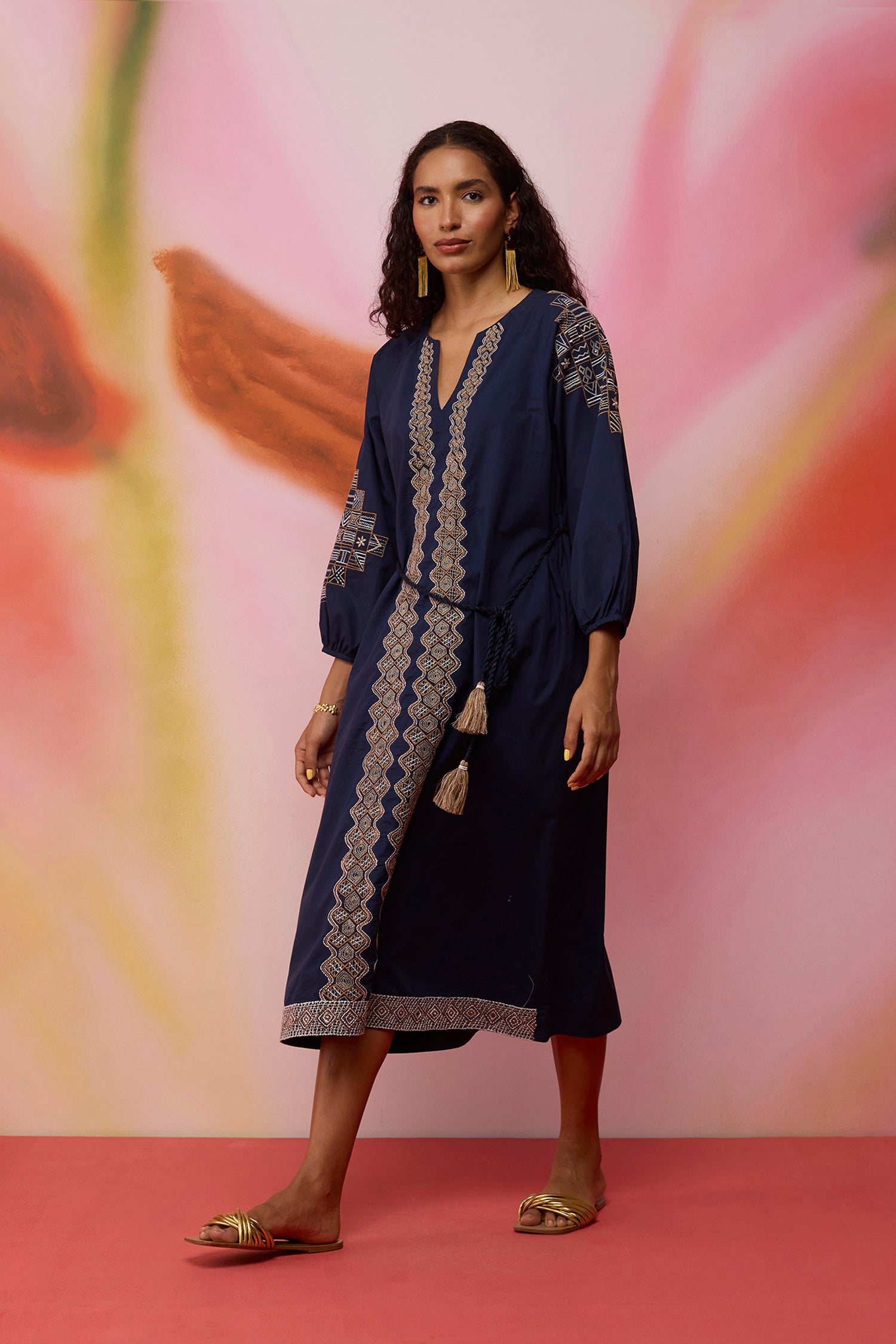 Geometric Ikat Embroidered Midi Dress - Navy