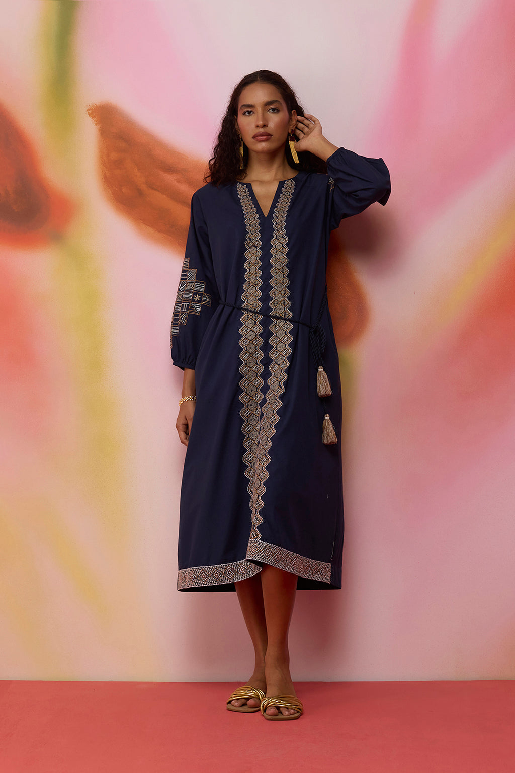 Geometric Ikat Embroidered Midi Dress - Navy