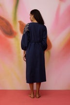 Geometric Ikat Embroidered Midi Dress - Navy