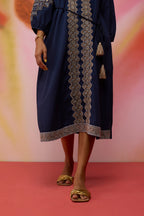Geometric Ikat Embroidered Midi Dress - Navy