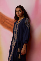 Geometric Ikat Embroidered Midi Dress - Navy