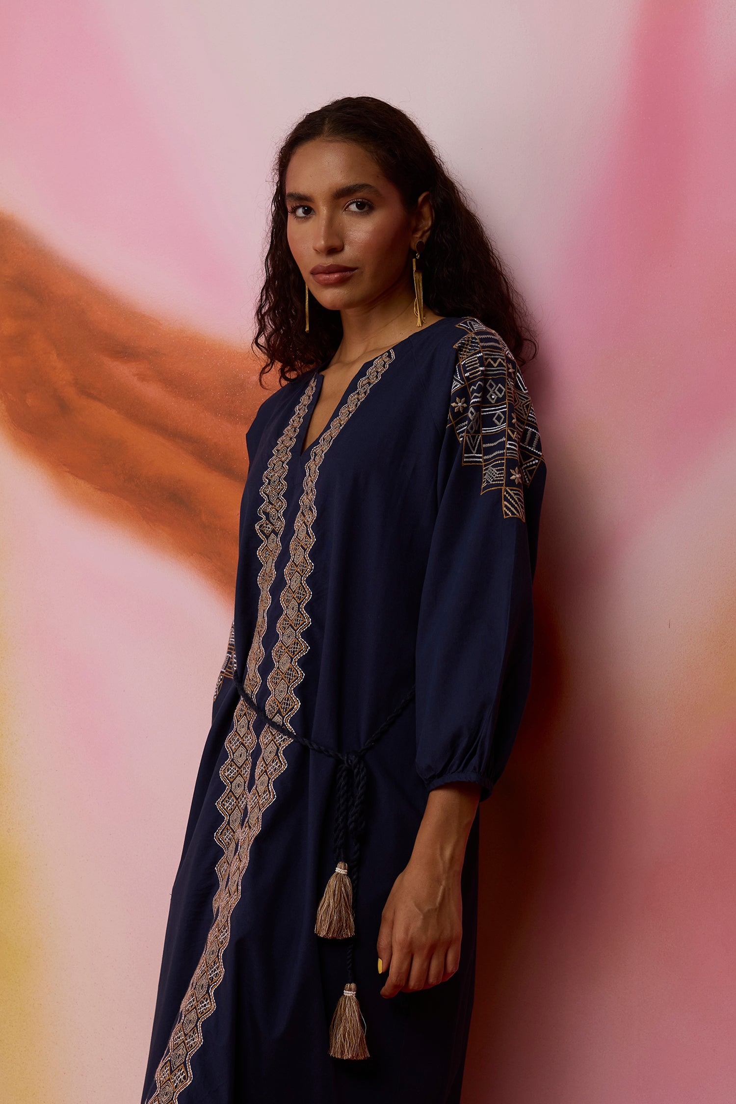 Geometric Ikat Embroidered Midi Dress - Navy