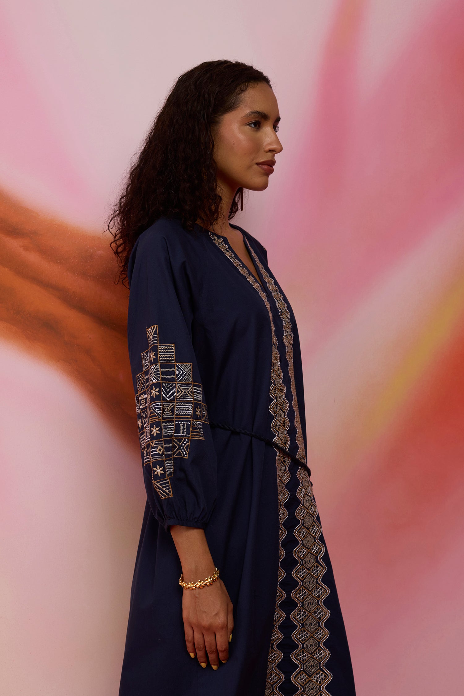 Geometric Ikat Embroidered Midi Dress - Navy