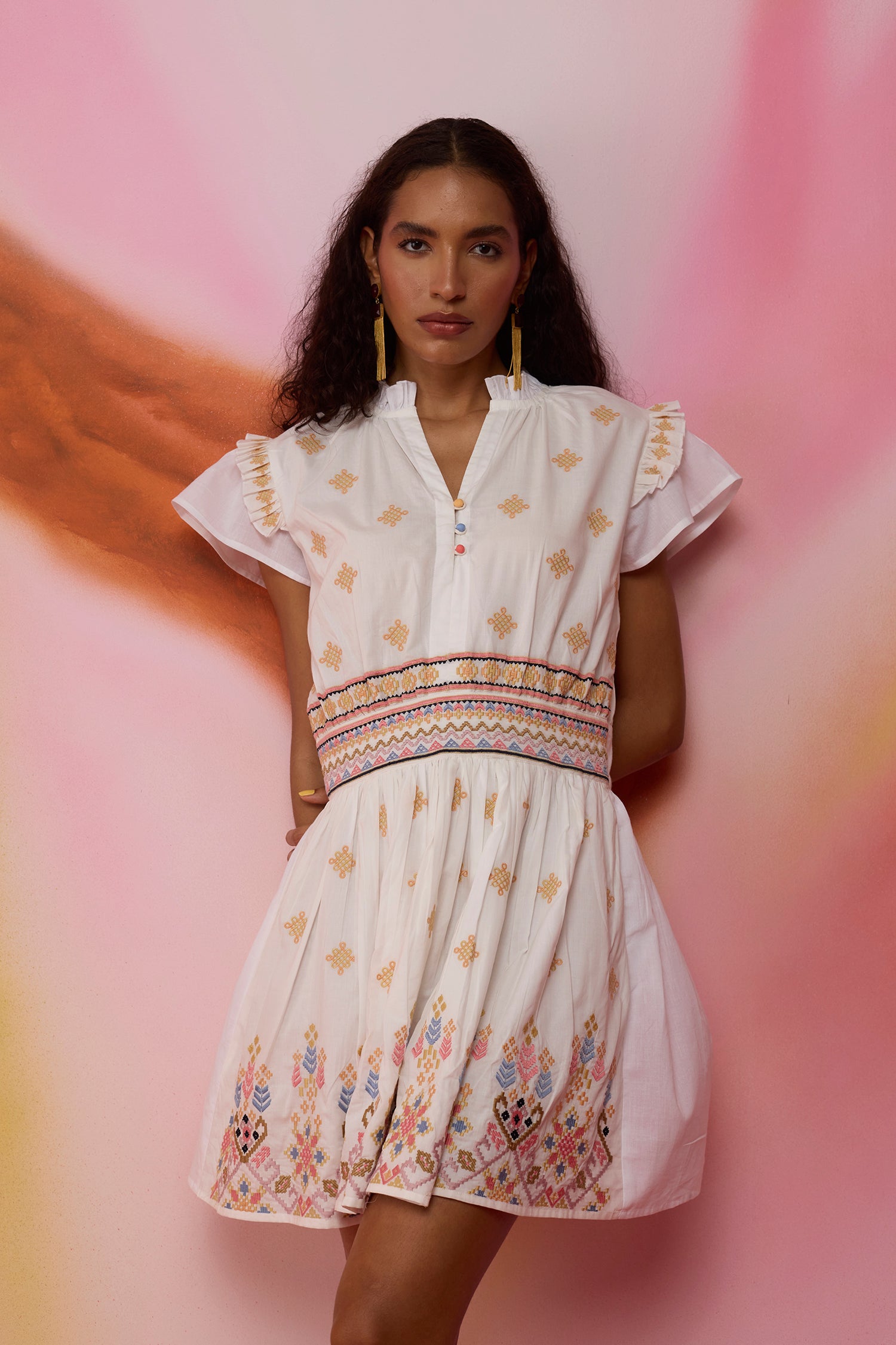 Mosaic Ikat Smocked Embroidered Dress