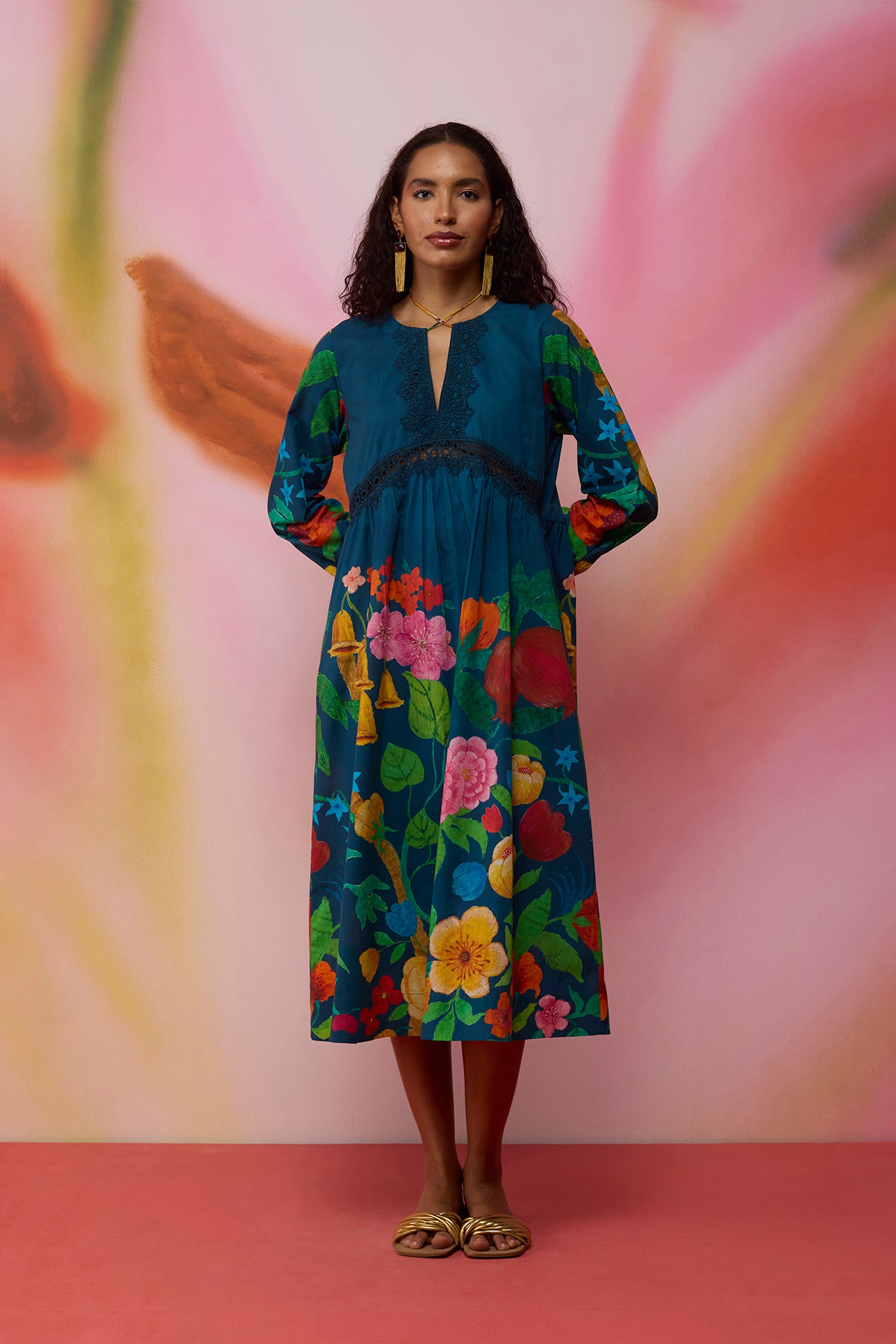 Navy Wildflower Midi Dress with Lace