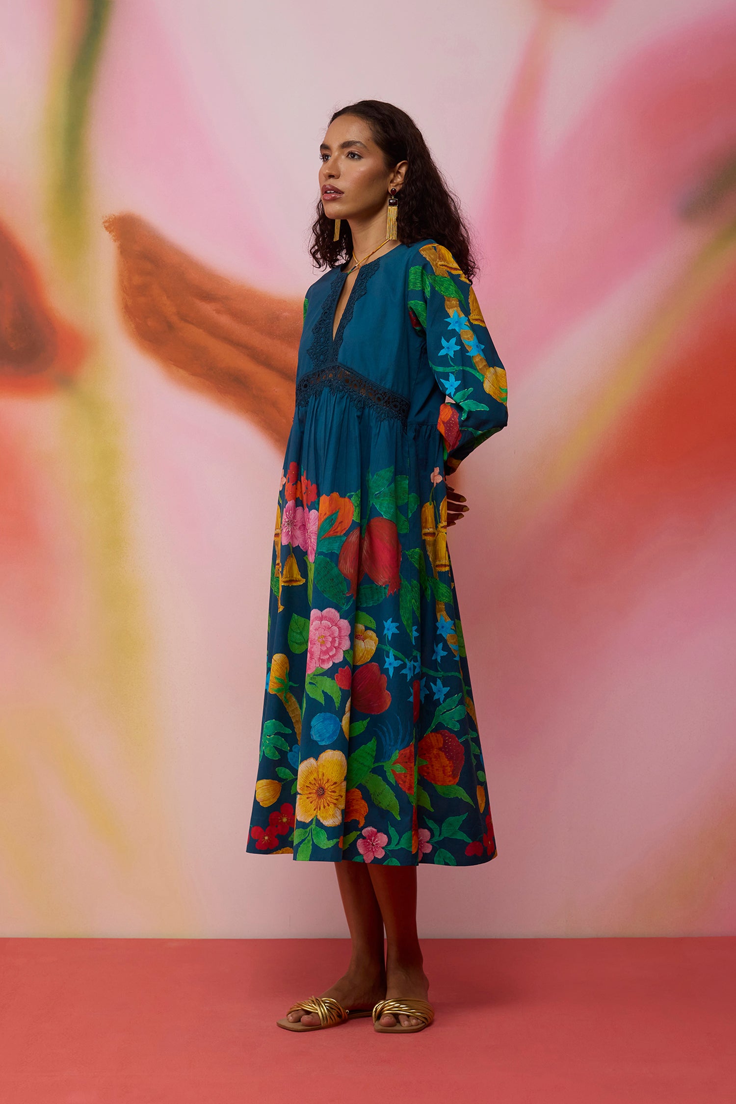 Navy Wildflower Midi Dress with Lace