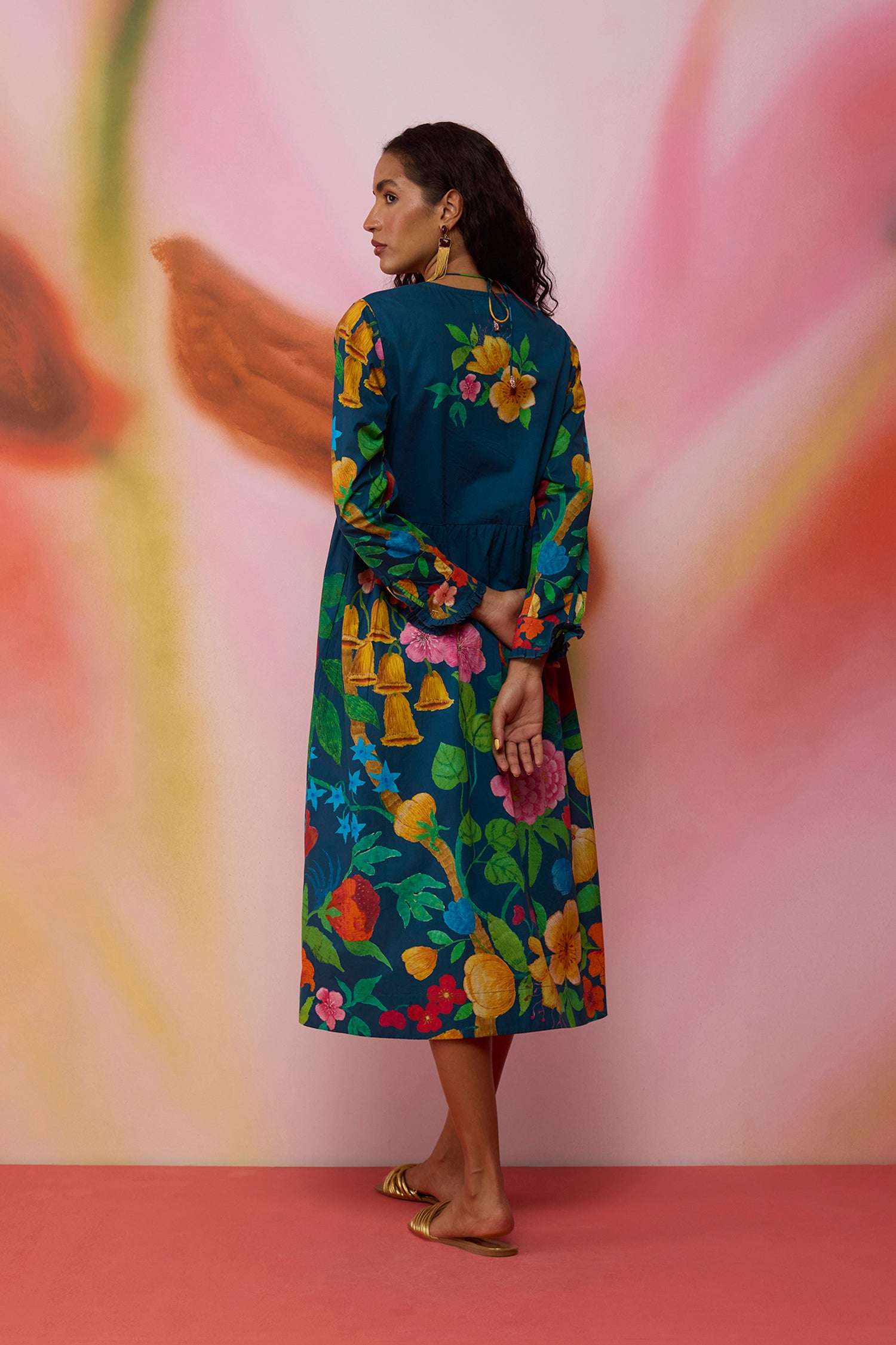 Navy Wildflower Midi Dress with Lace