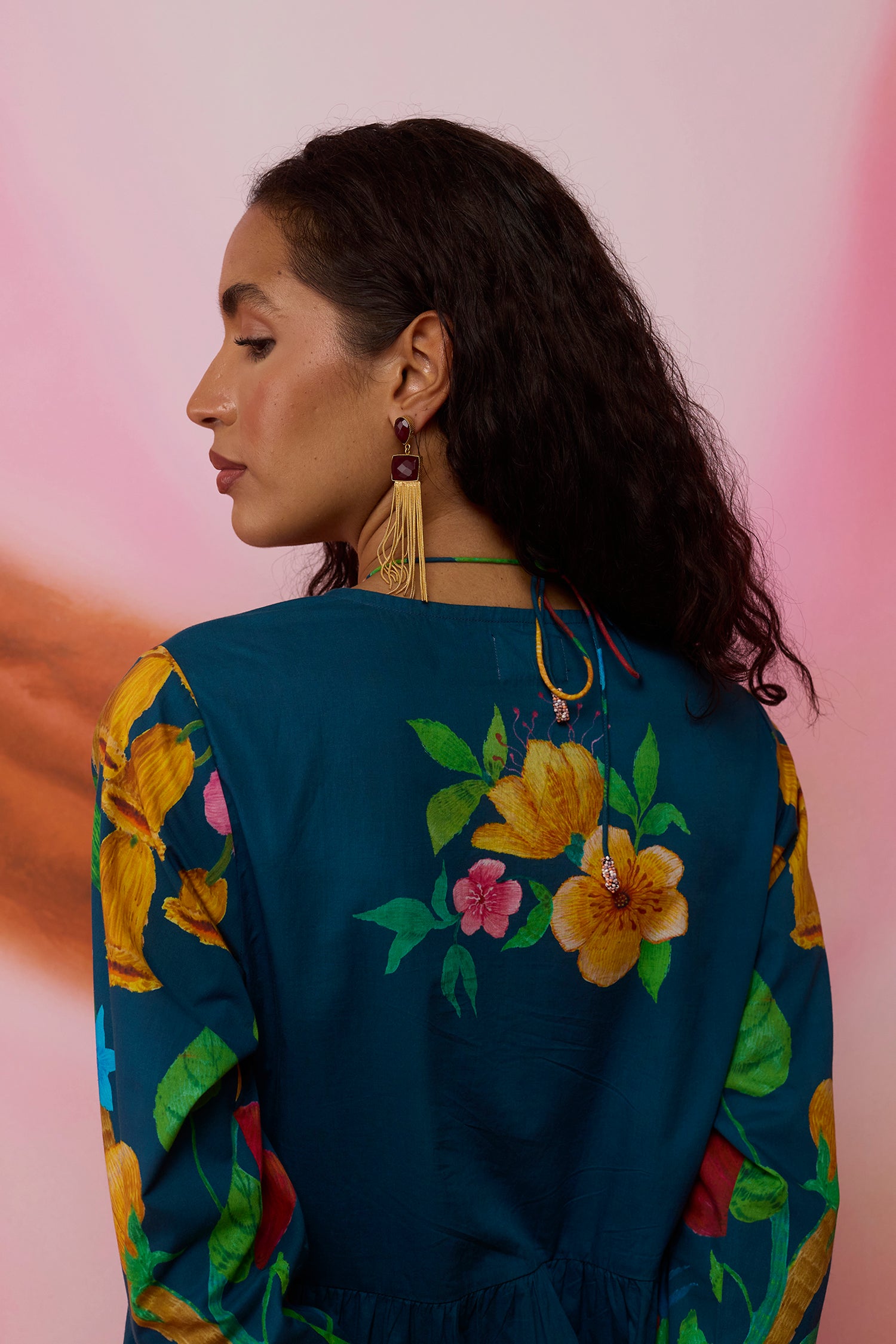 Navy Wildflower Midi Dress with Lace