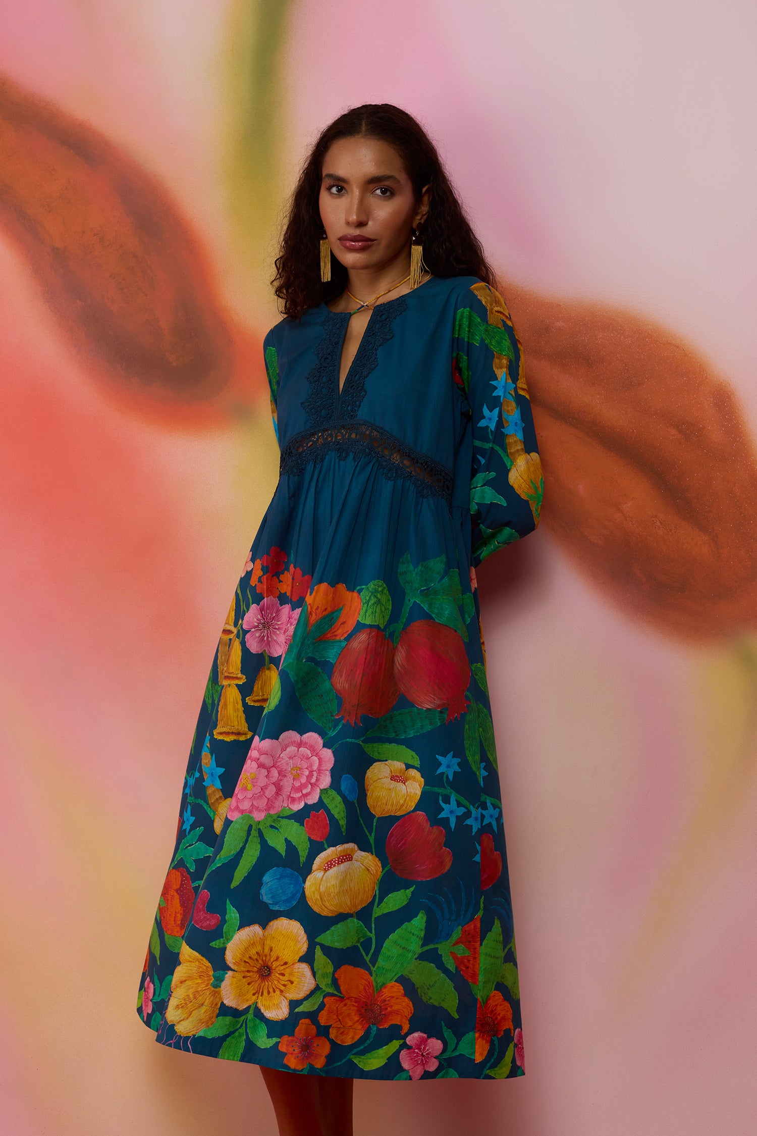 Navy Wildflower Midi Dress with Lace