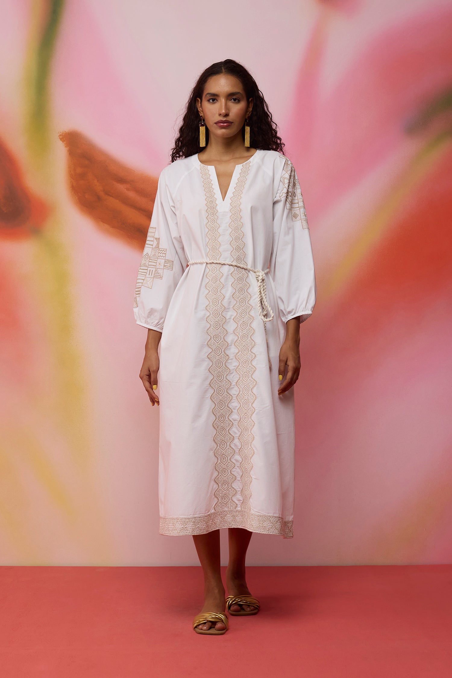 Geometric Ikat Embroidered Midi Dress - Ivory