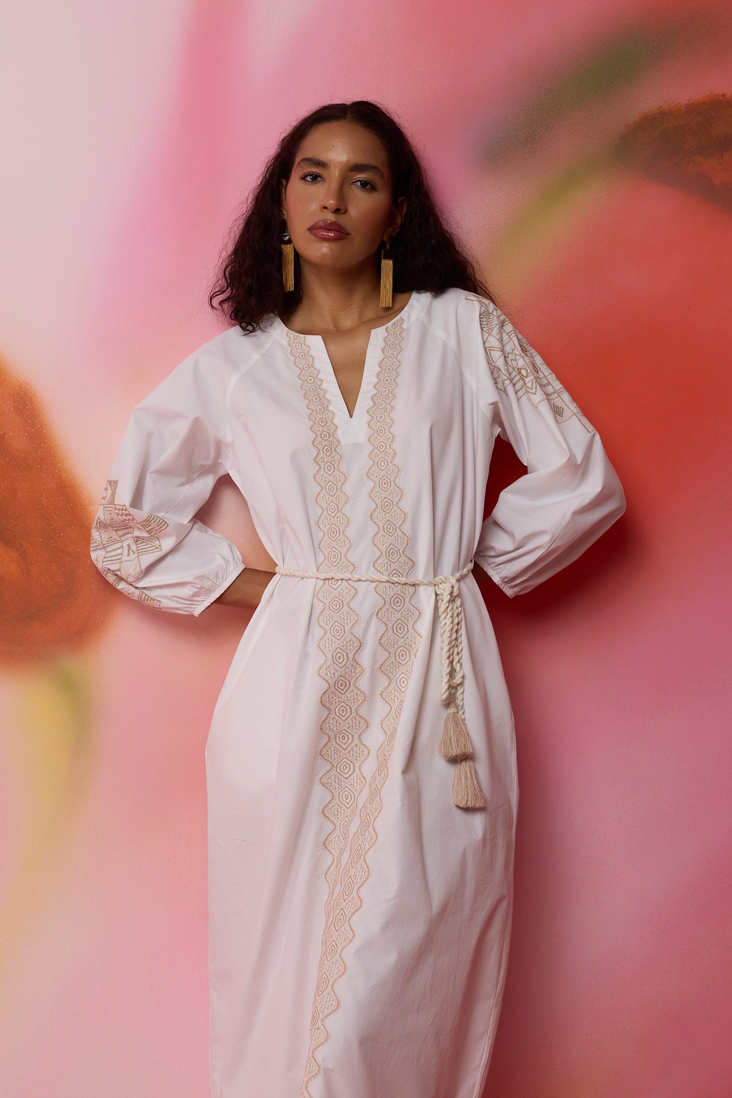 Geometric Ikat Embroidered Midi Dress - Ivory