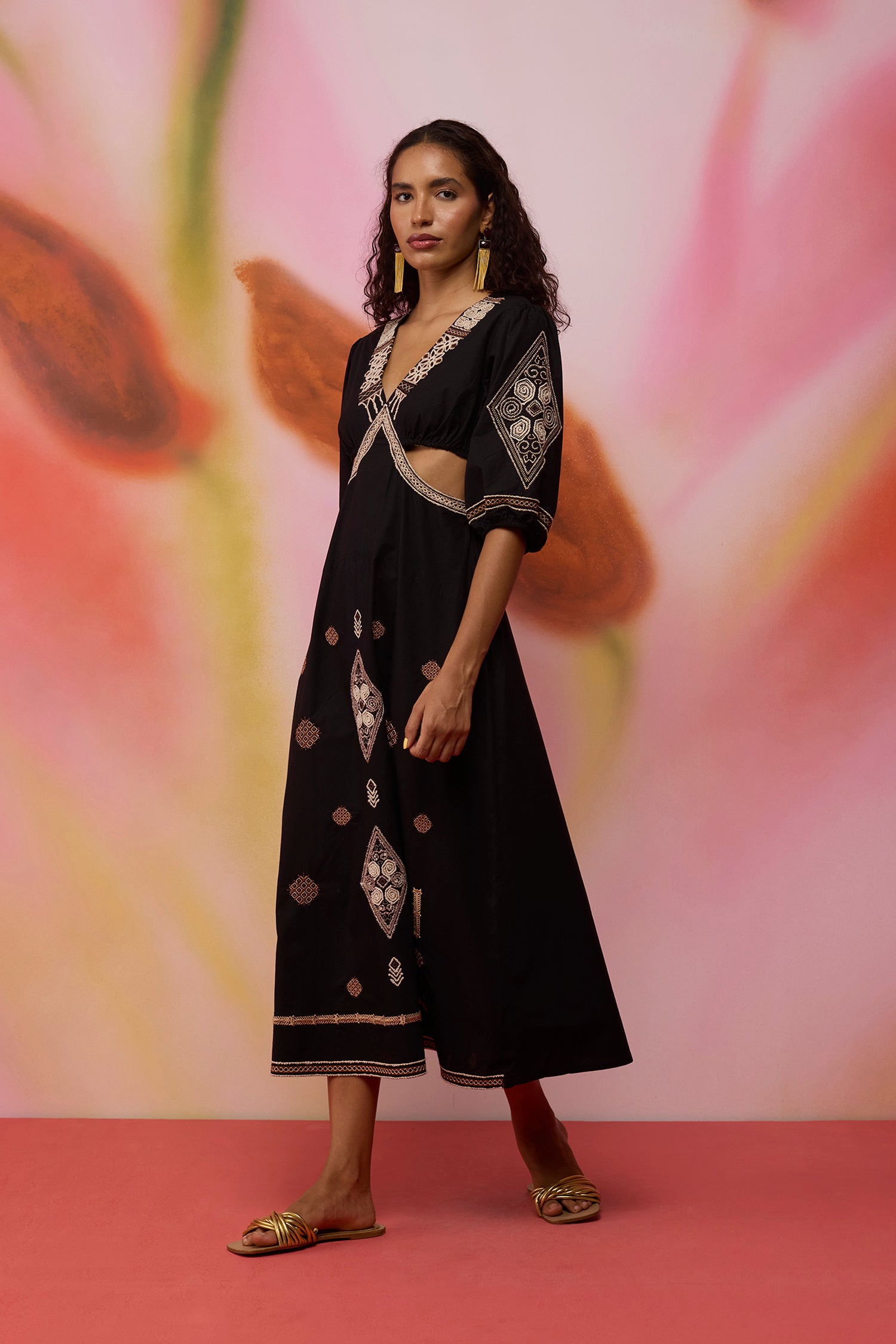 Textured Ikat Embroidered Maxi Dress - Black