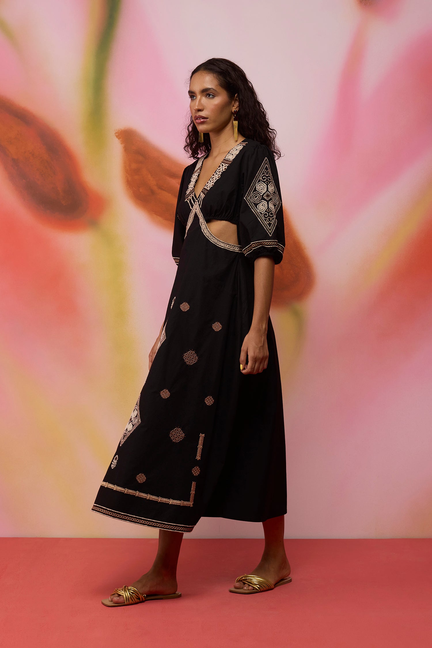Textured Ikat Embroidered Maxi Dress - Black
