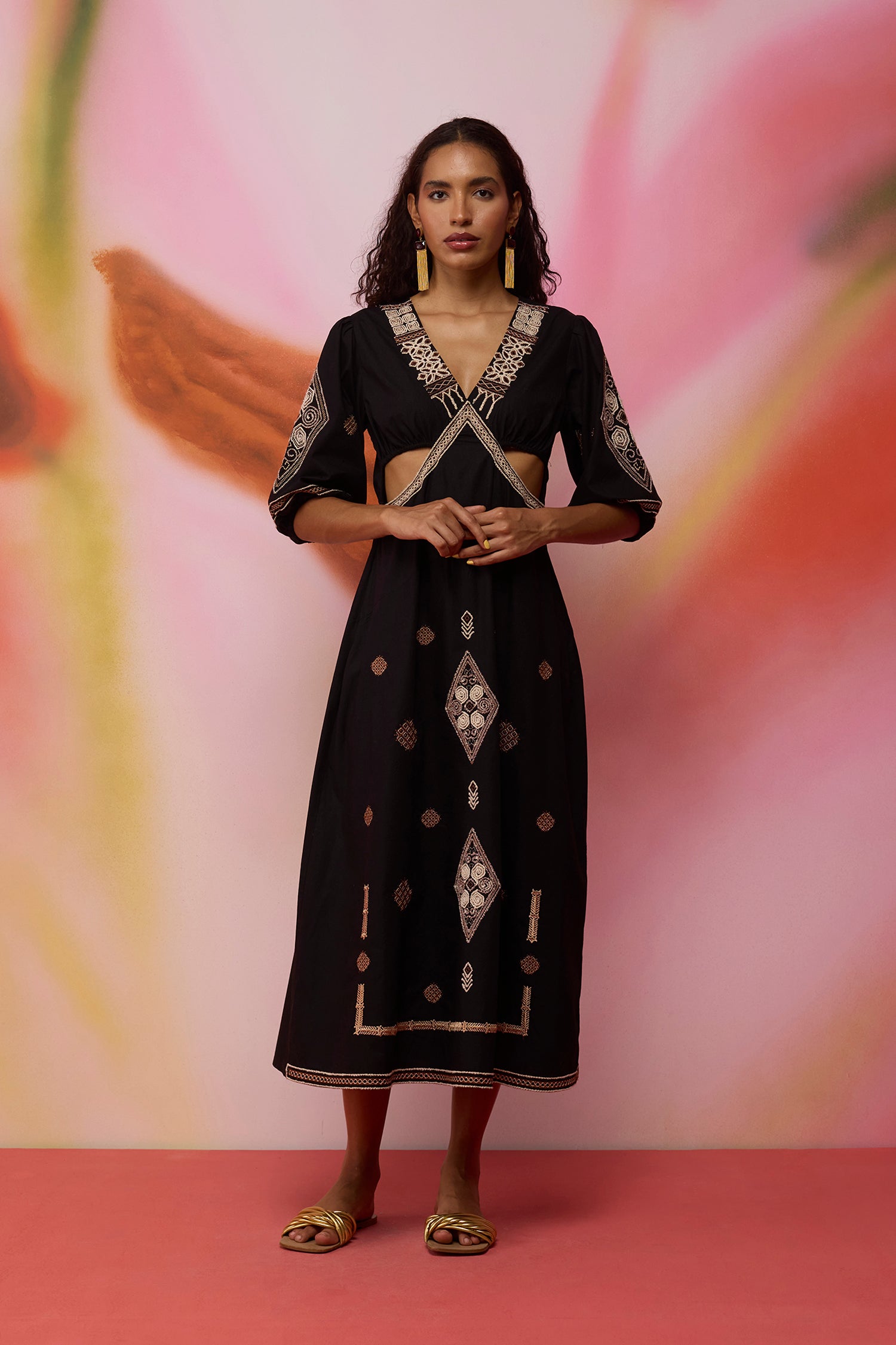 Textured Ikat Embroidered Maxi Dress - Black