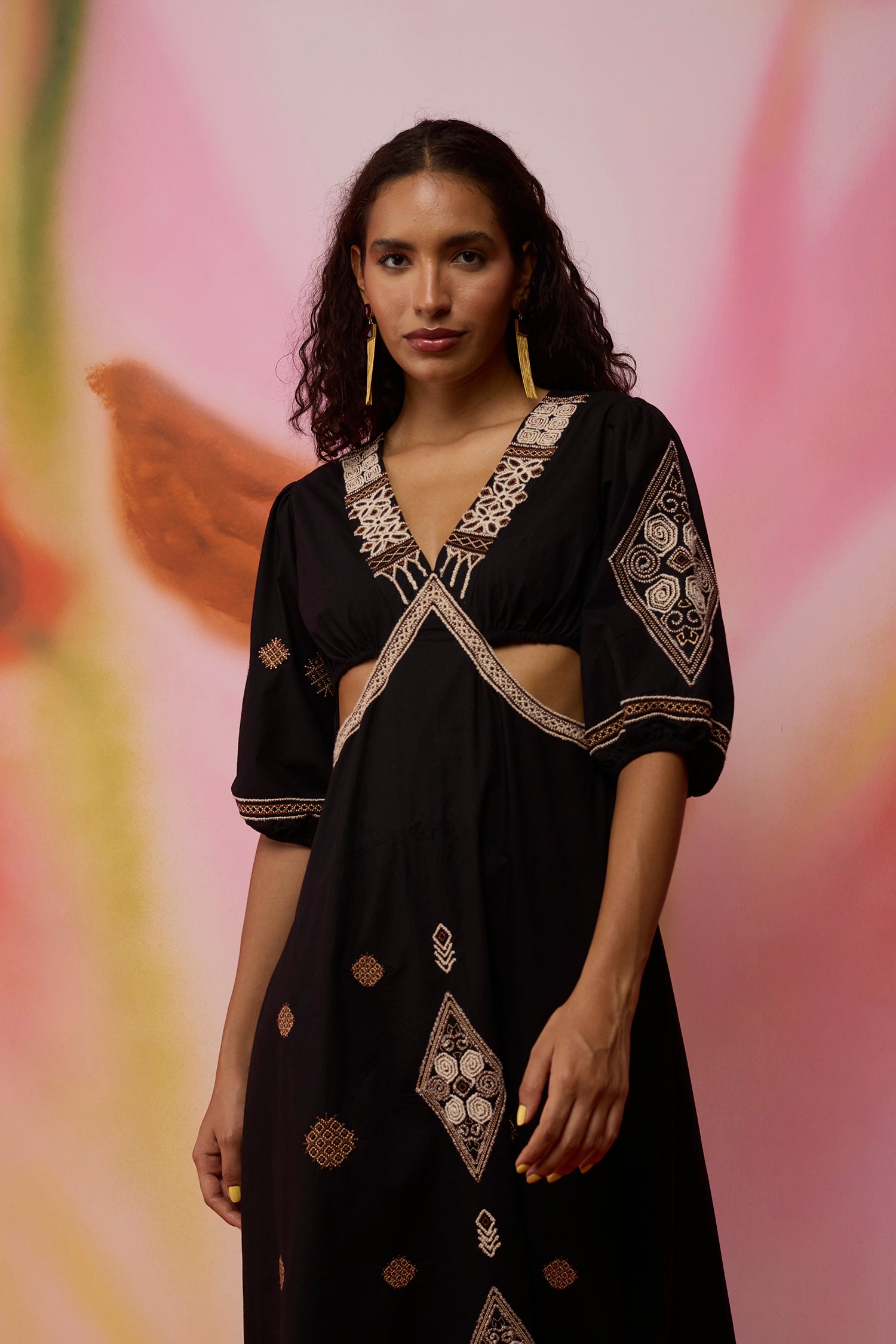 Textured Ikat Embroidered Maxi Dress - Black