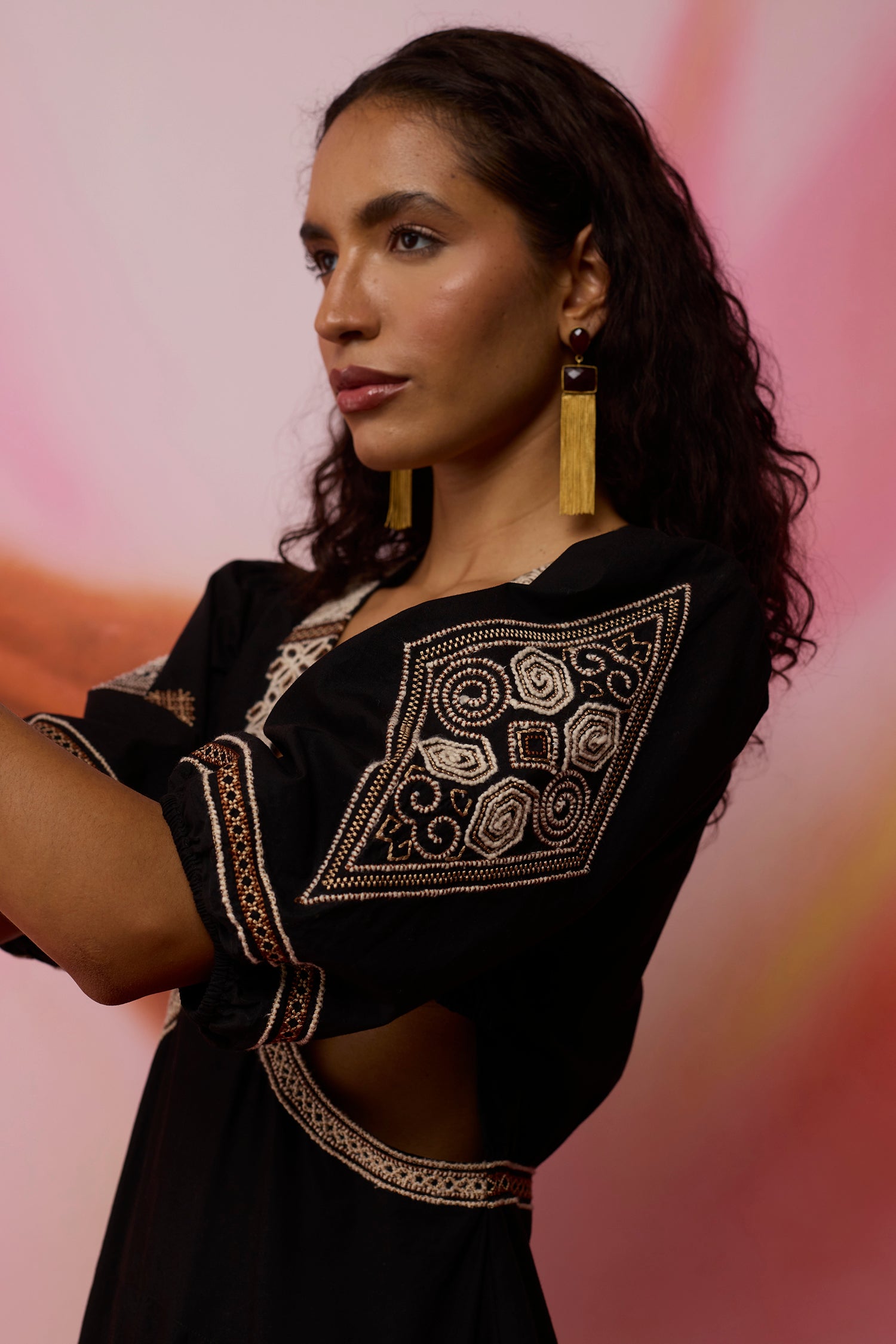 Textured Ikat Embroidered Maxi Dress - Black