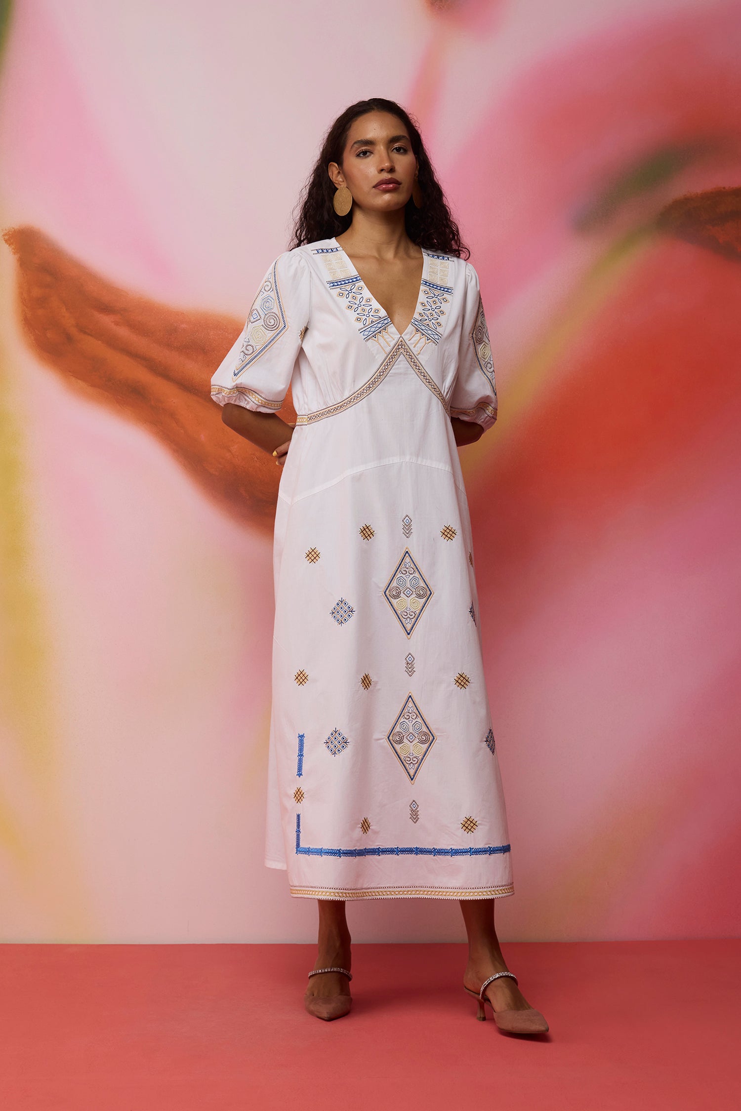 Textured Ikat Embroidered Maxi Dress - Ivory