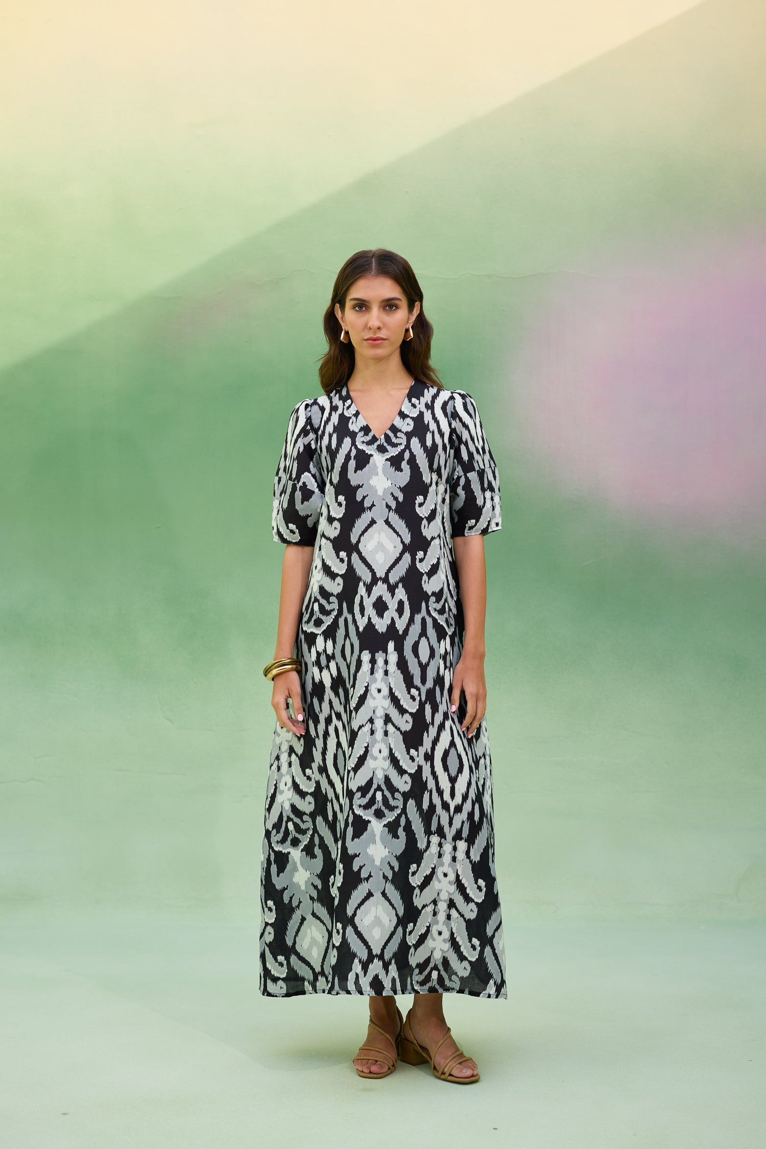 Black Ikat V-Neck Maxi Dress