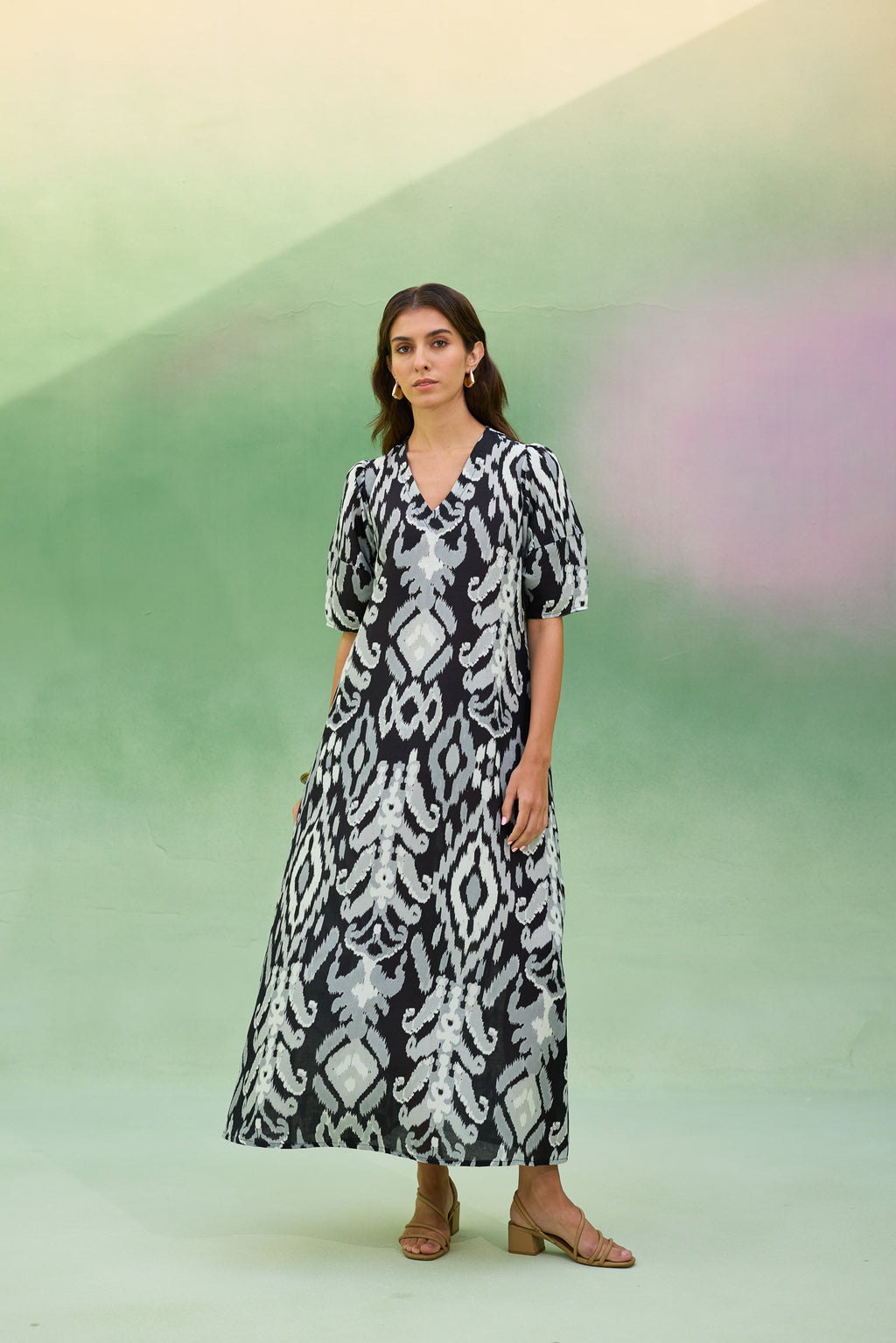 Black Ikat V-Neck Maxi Dress