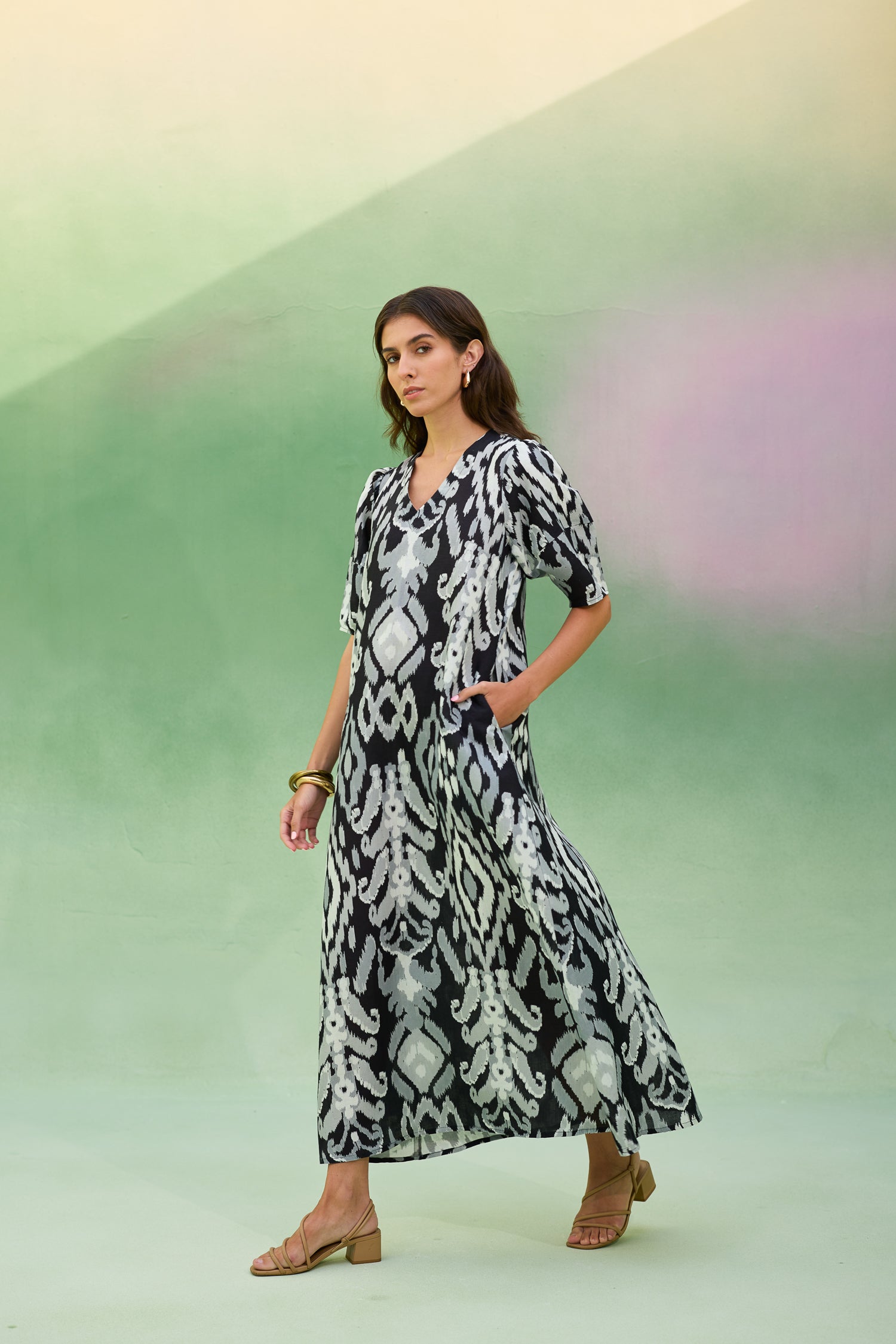 Black Ikat V-Neck Maxi Dress