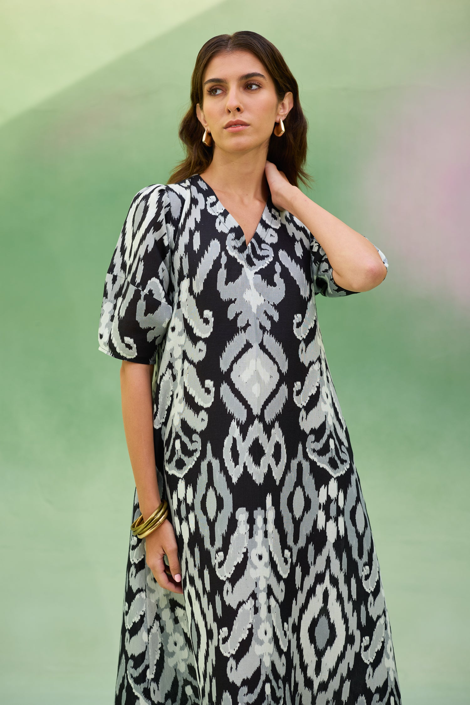 Black Ikat V-Neck Maxi Dress