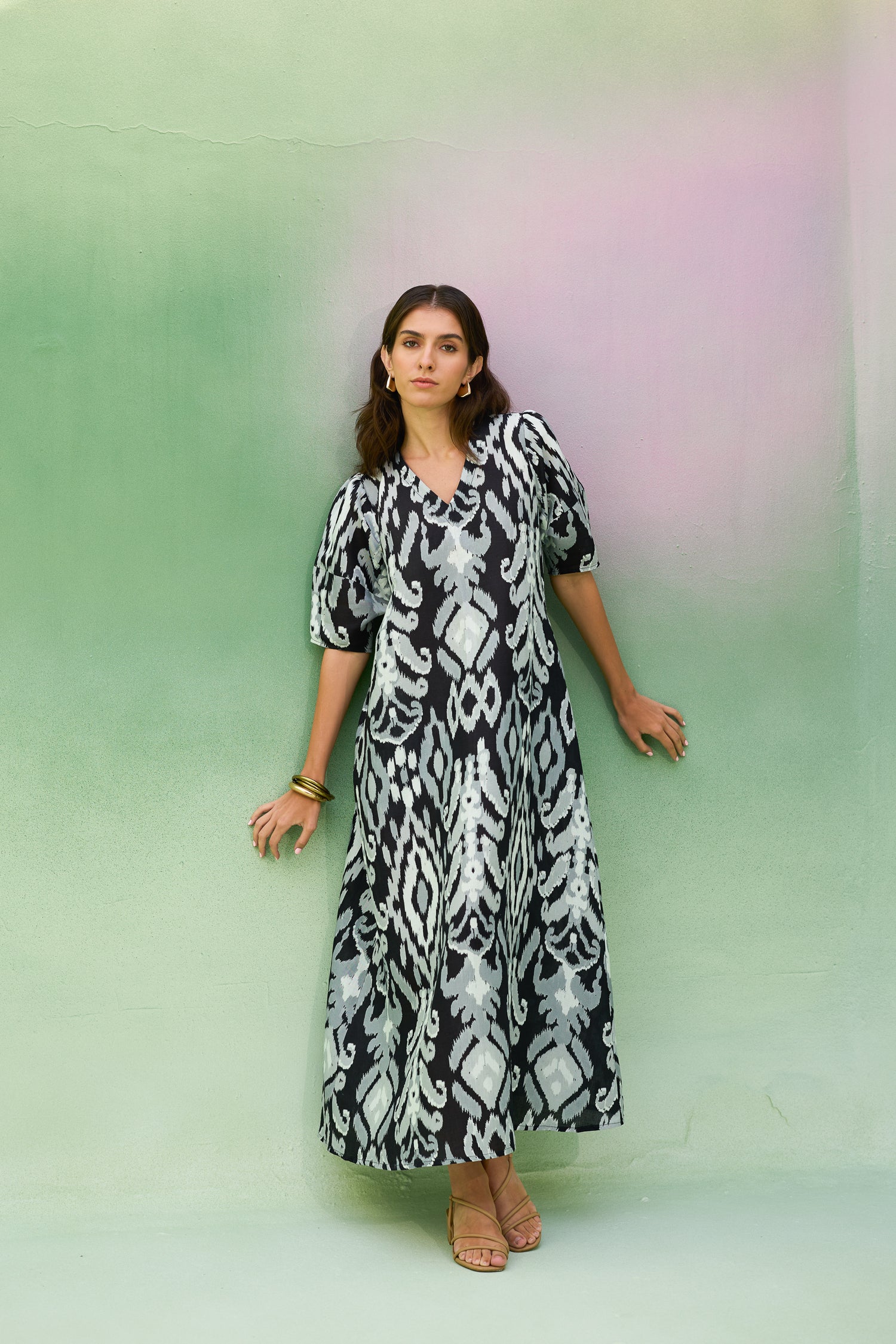 Black Ikat V-Neck Maxi Dress